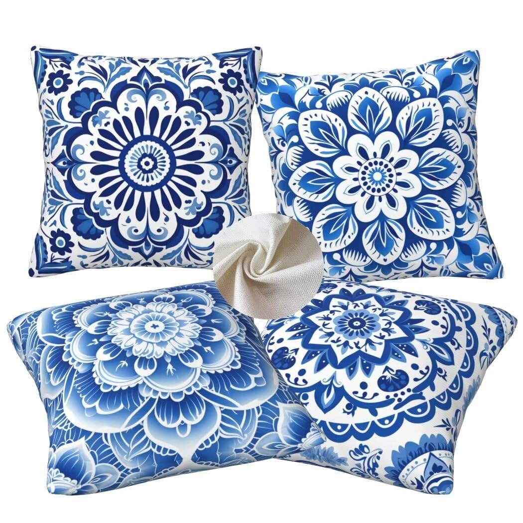 Kissenbezug 50x50 4er Set Leinen Kissenbezüge Boho Dekorative Sofakissen Zierkissen Blau Couchkissen Outdoor Kissen Zierkissenbezüge Deko Kissen für Sofa Schlafzimmer Wohnzimmer Balkon -LI258