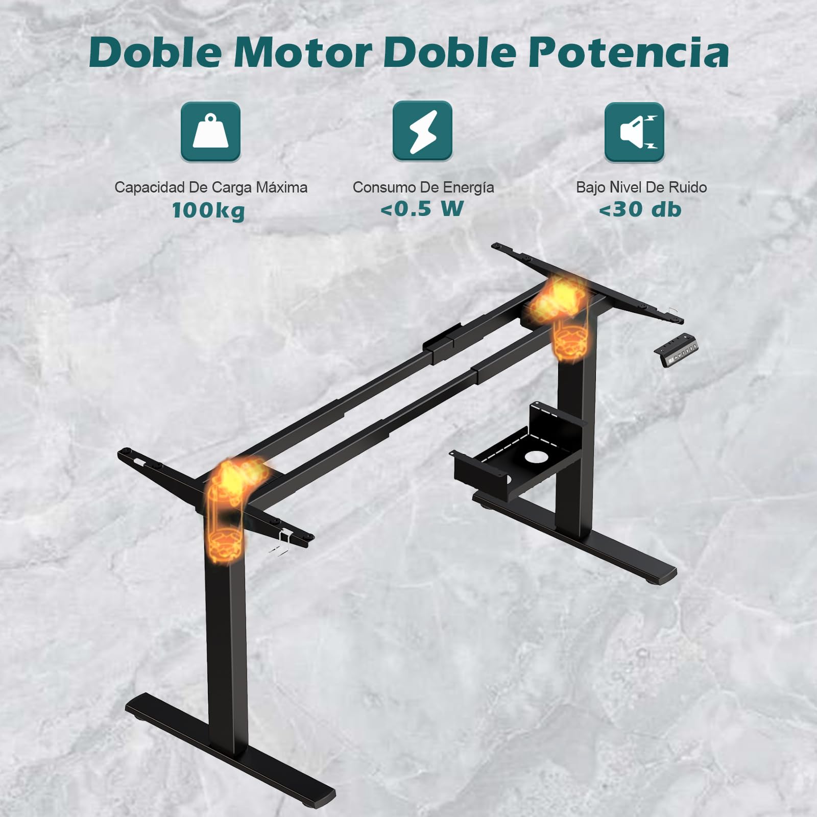 Devoko Estructura de Escritorio Regulable en Altura 73-120cm con 2 Motores Potentes Marco de Escritorio de pie con 3 Botones de Memoria y Ruedas, Ganchos, Caja de Gestión de Cables Negro | Doble motor silencioso, altura ajustable, ruedas móviles + ganchos