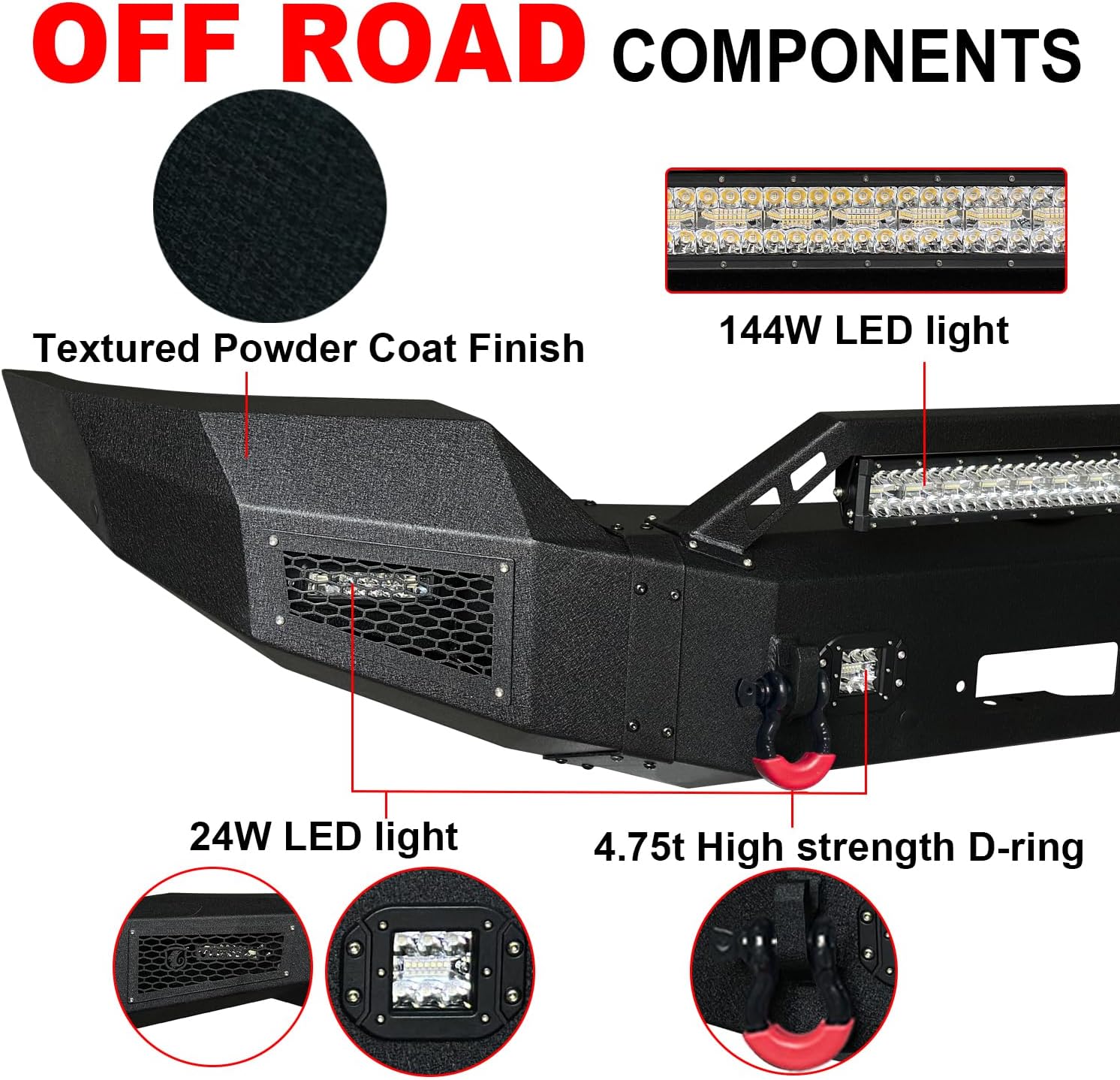 Front and Rear Bumper Upgraded Texture Black Compatible with 15-19 GMC Sierra 2500 3500 w/Winch Plate & 5 LED Lights & 2 D-Rings