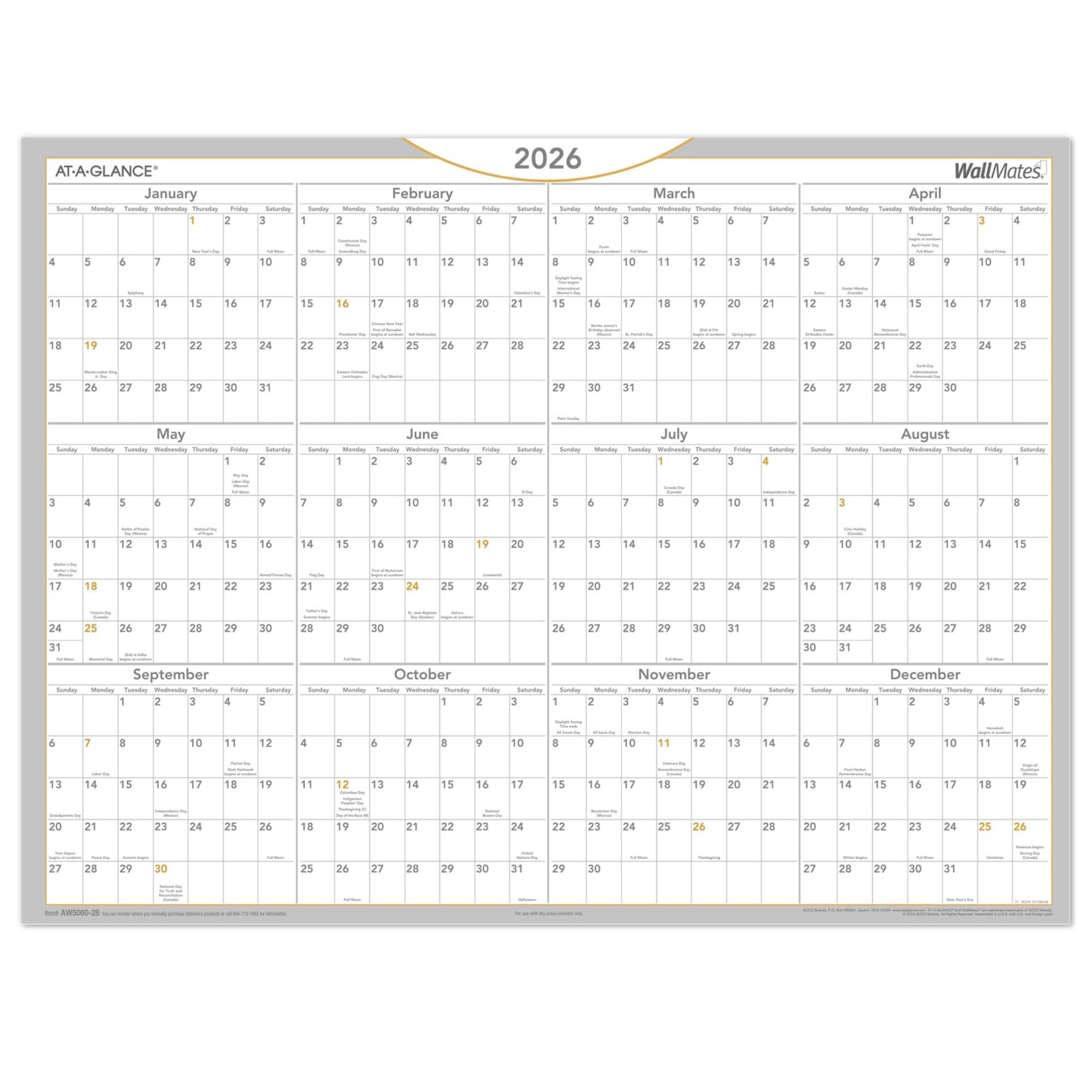 AT-A-GLANCE® WallMates 2026 Calendario annuale autoadesivo cancellabile a secco, grande, 61 x 45,7 cm