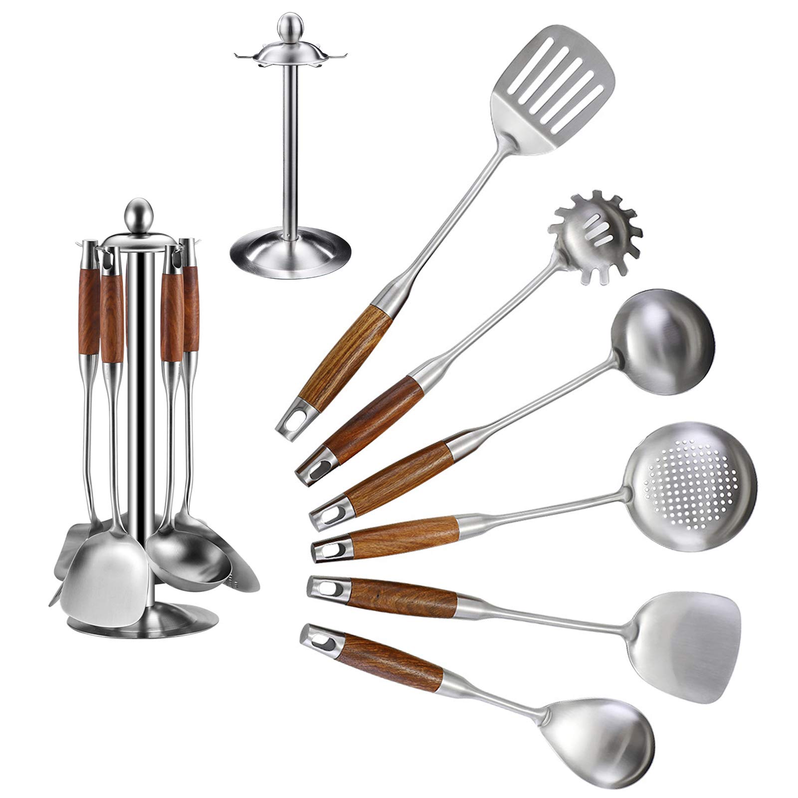 6Pcs 304 Edelstahl Küchenhelfer Set mit StäNder, Skimmer Schlitzlöffel, Servierlöffel, Schlitz Turner, Turner, Spaghetti Server, Suppenkelle, Hitzebeständiger Holzgriff