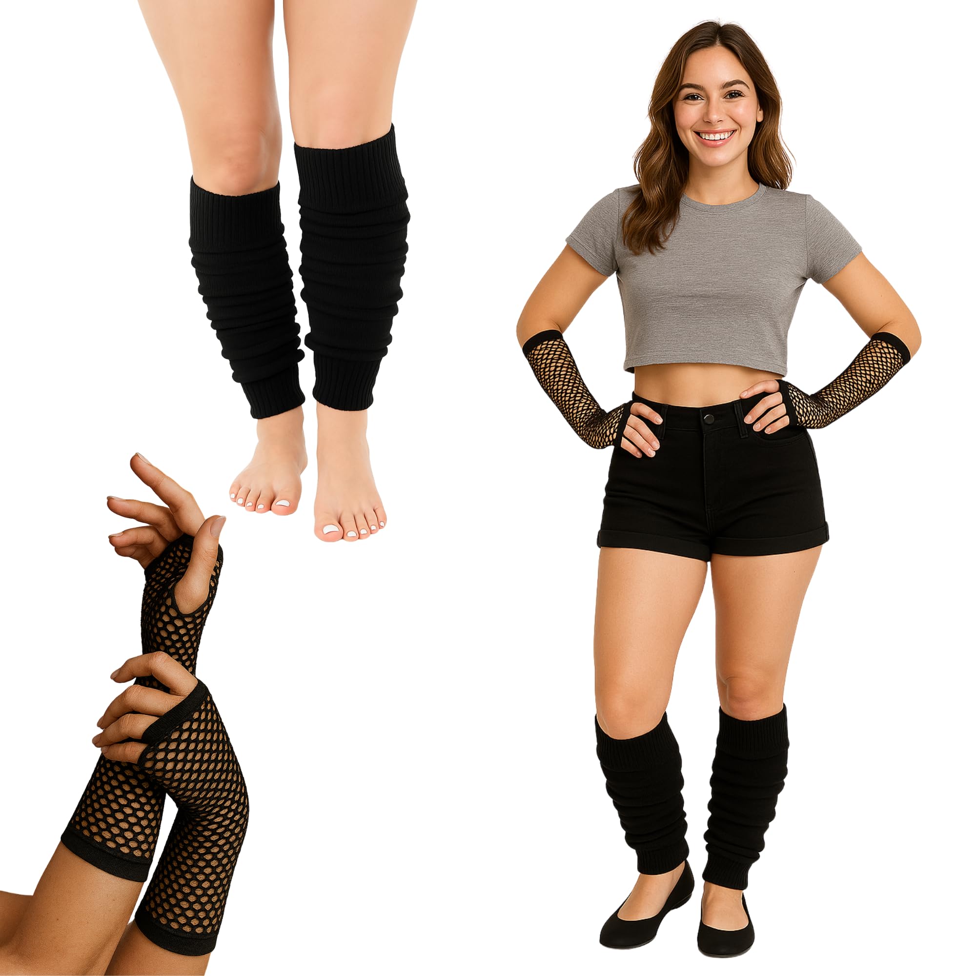 Fna Fashions Women's Black ’S Neon Fishnet Gloves & Leg Warmers – 80’S Fancy Dress Accessories For Hen Party, Rave – Long Fishnet Gloves & Knitted Leg Warmers For Dance, Retro Outfits (, One Size)