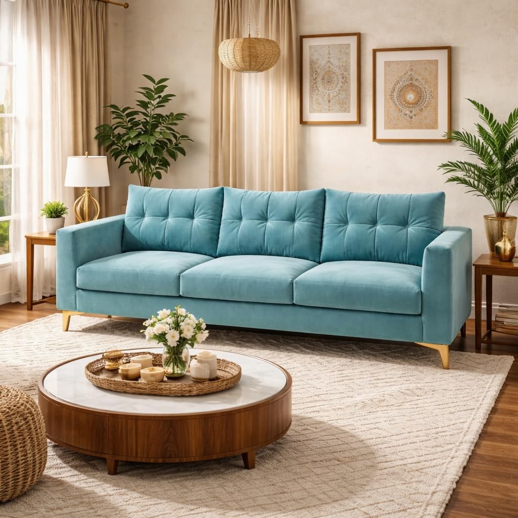 Renaissance Plush Velvet 3 Seater Sofa Set | Silken Velvet Suede Upholstery | Golden Metal Legs | Luxury Designer Sofa for Living Rooms & Office Spaces (Sky Blue)-image-45