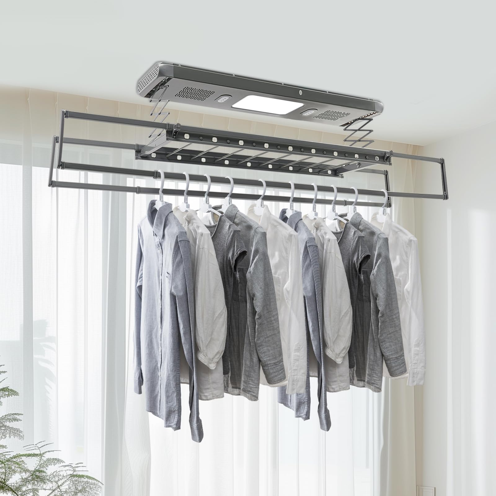 Elektrischer Wäscheständer Ausziehbar mit LED-Licht, Fernbedienung 30-50m, Teleskop-Länge 130-215cm, Absteigende Höhe 110cm, Trockenständer, Deckenwäschetrockner (Grau)
