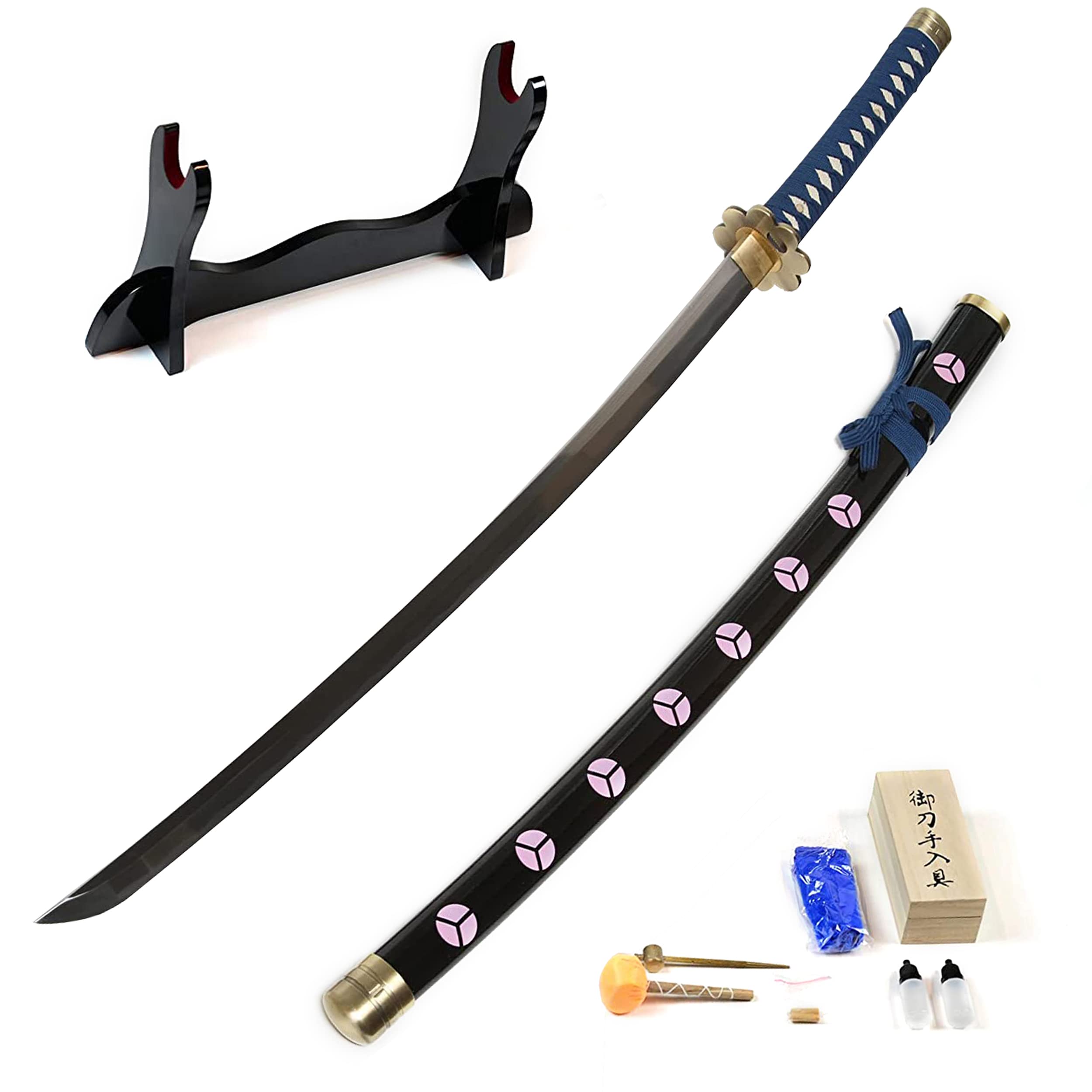Swords and more One Piece - Roronoa Zoro Katana - gefaltet - Set, Shusui Schwert, Samurai Schwerter scharf echt, handgeschmiedeter Edelstahl mit Scheide, Schwertpflegeset für Zoro Cosplay One Piece