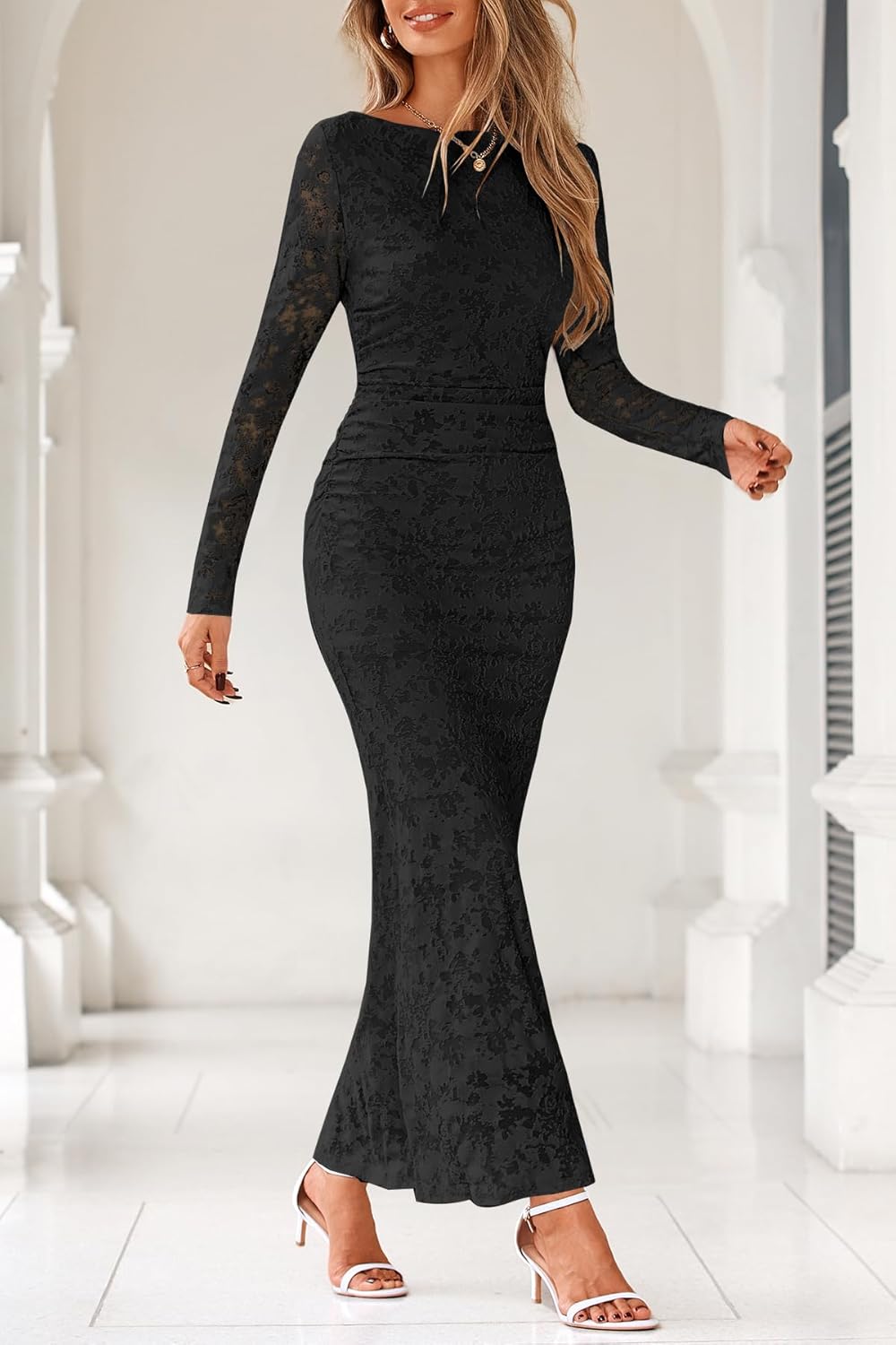 MITILLY Women's Formal Long Sleeve Dress Fall Elegant Floral Bodycon Ruched Cocktail Party Maxi Dresses New - Image 2