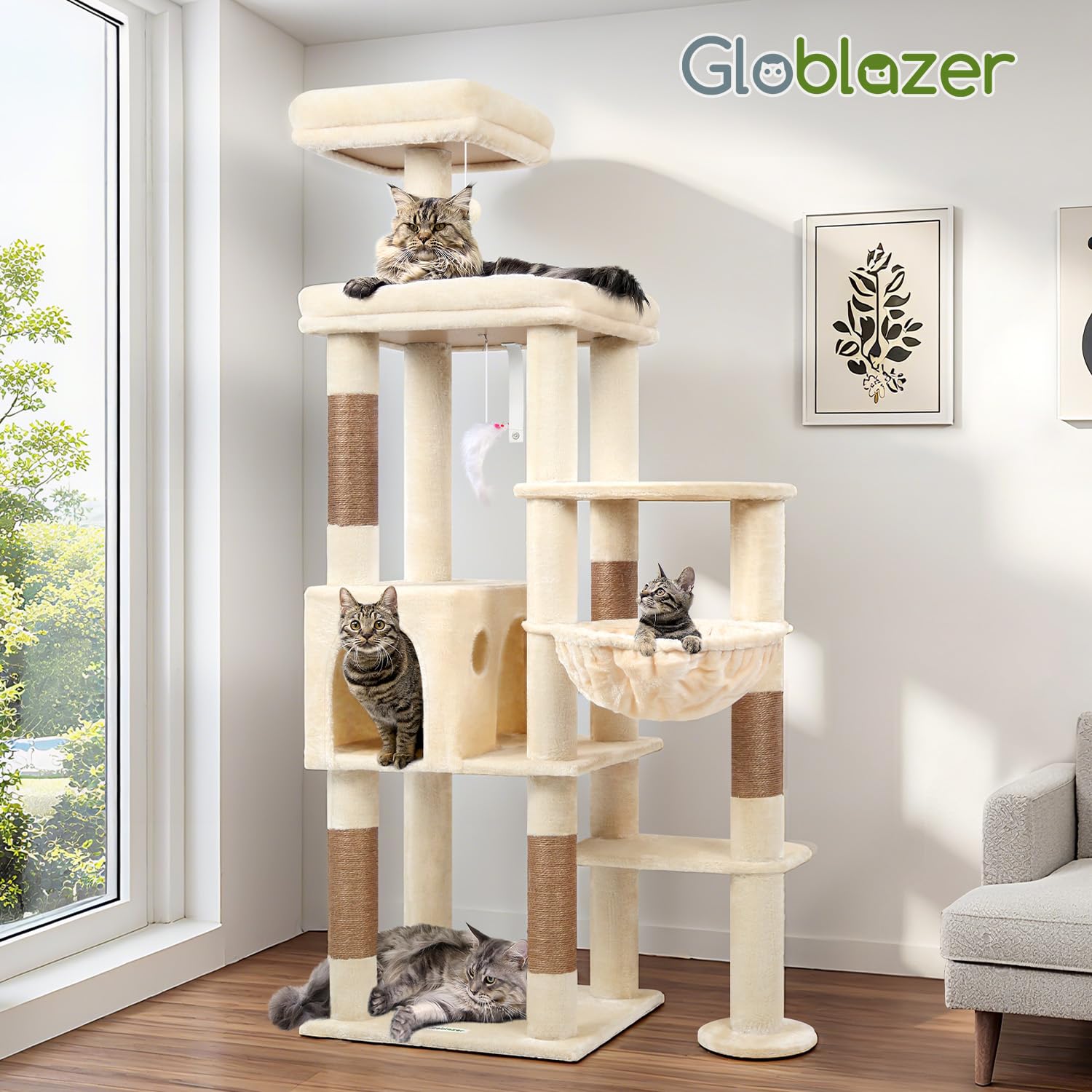Globlazer Drapak dla dużych kotów, stabilny, z dużą platformą, wyściełane drążki do siedzenia dla kotów, kosz, drzewo dla kotów o wysokości 167 cm, dla dorosłych, Maine Coon Ragdoll, bkh (F65B, beżowe