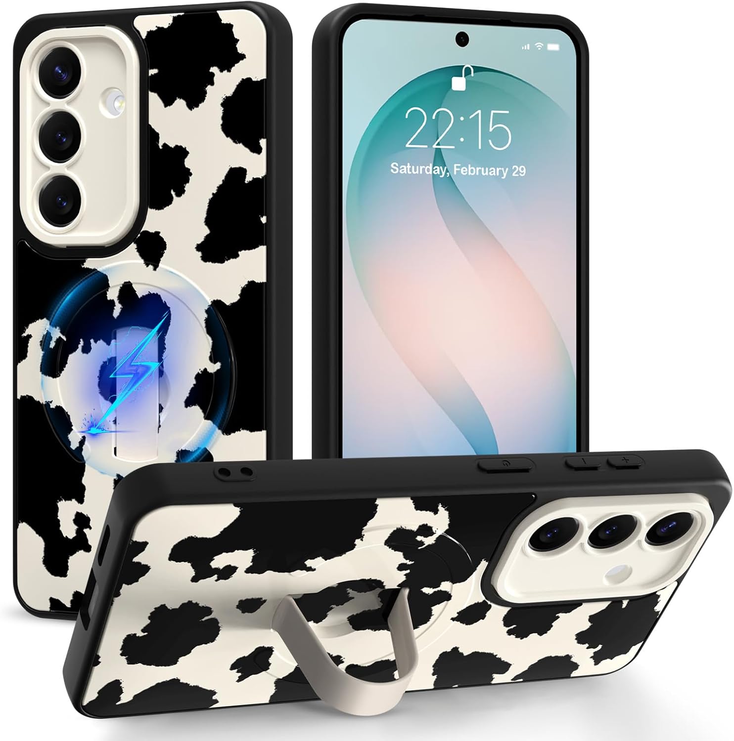 Magnetic for Samsung Galaxy S26 Case with Finger Strap Stand, Compatible with Magsafe, Funny Milk Cow Phone Case for Women Men Slim Shockproof Cover for S26, Milk Cow