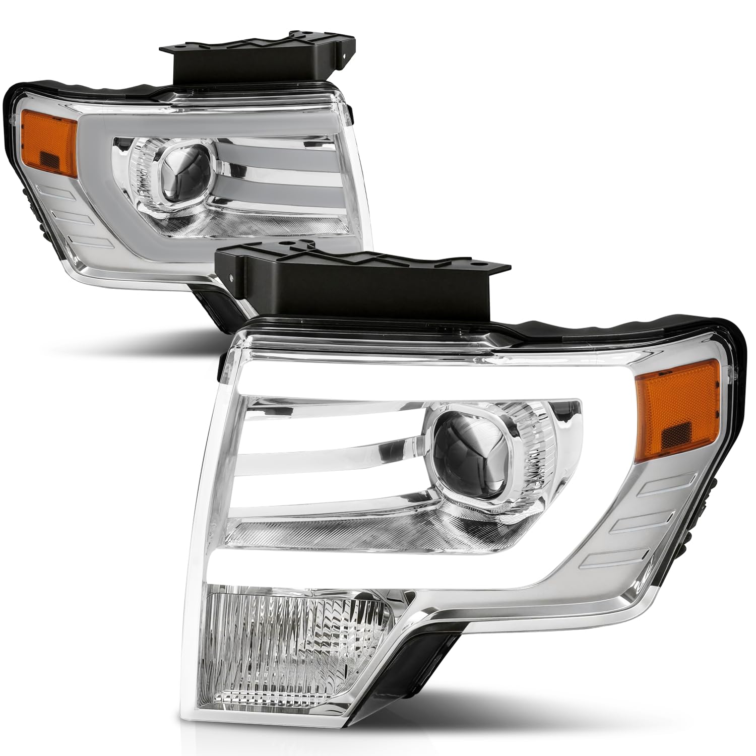 Auto Dynasty LED DRL Headlights Assembly Compatible with 2009-2014 Ford F-150, Driver and Passenger Side Projector Halogen Headlamps Replacement, 3D Daytime Running Light, Chrome Housing Amber Corner