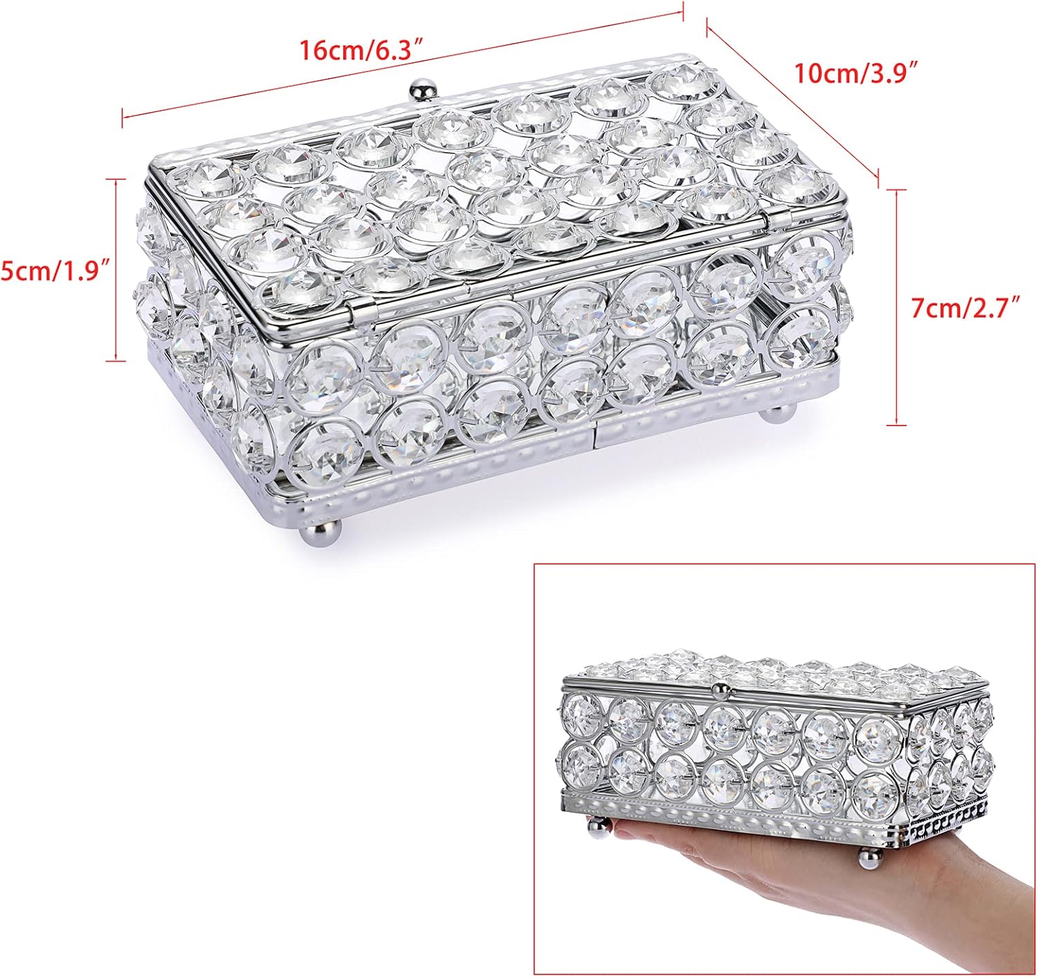 ELLDOO Crystal Jewelry Box Rectangle Trinket Organizer Earrings Rings Box Treasure Box Home Decor Accent Decorative Box with Lid for Valentine Wedding Christmas Birthday Gift, Silver, Small - Image 2