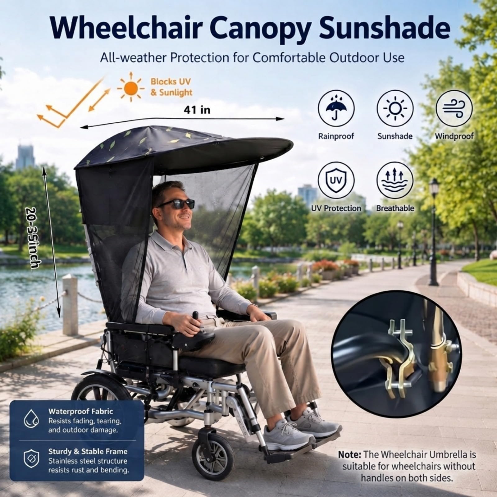 Auvent électrique pour fauteuil roulant réglable en gaze latérale respirante - Protection contre la pluie - Imperméable et résistant aux UV - Pour fauteuil roulant avec poignées - Accessoire