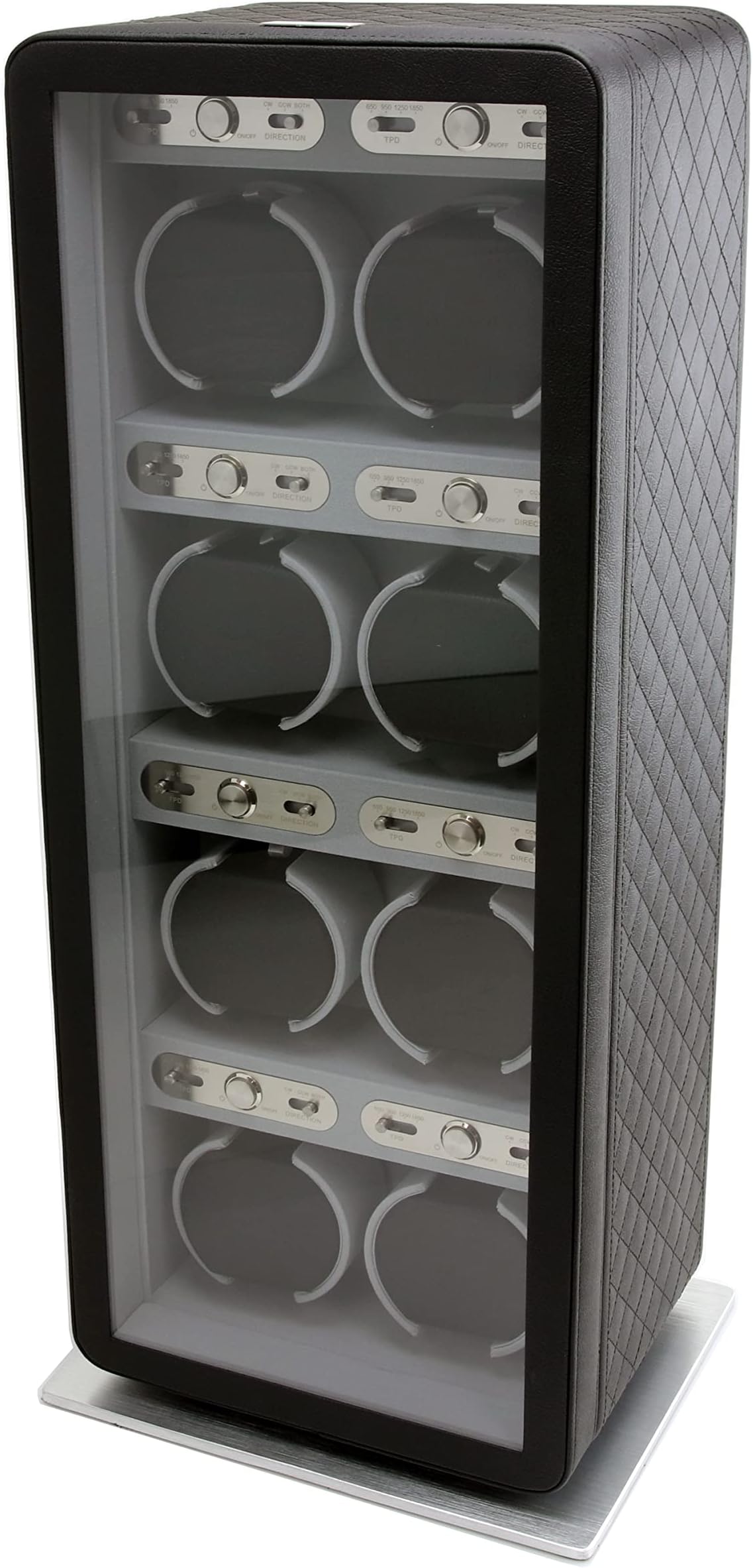 Monaco Eight Watch Winder in Black Leather, 12 Program Settings, Diamond Stitched Vegan Leather, Soft Linen Interior, Large Interior Space for Large Watches