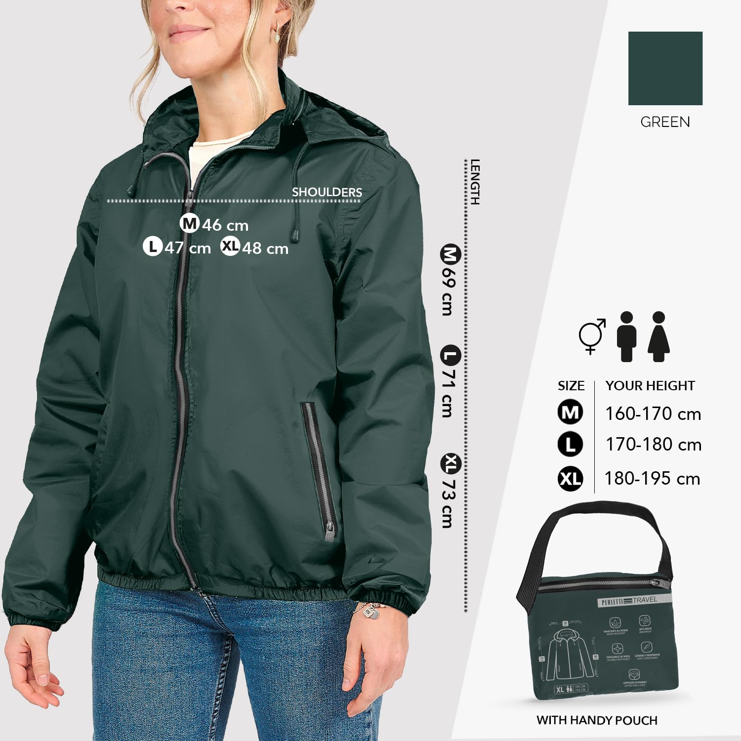 PERLETTI Cortavientos Hombre Mujer Ultra Ligero - Chubasquero Impermeable con Capucha y Bolsillos Unisex - Chaqueta Ropa Deportiva Transpirable con Estuche