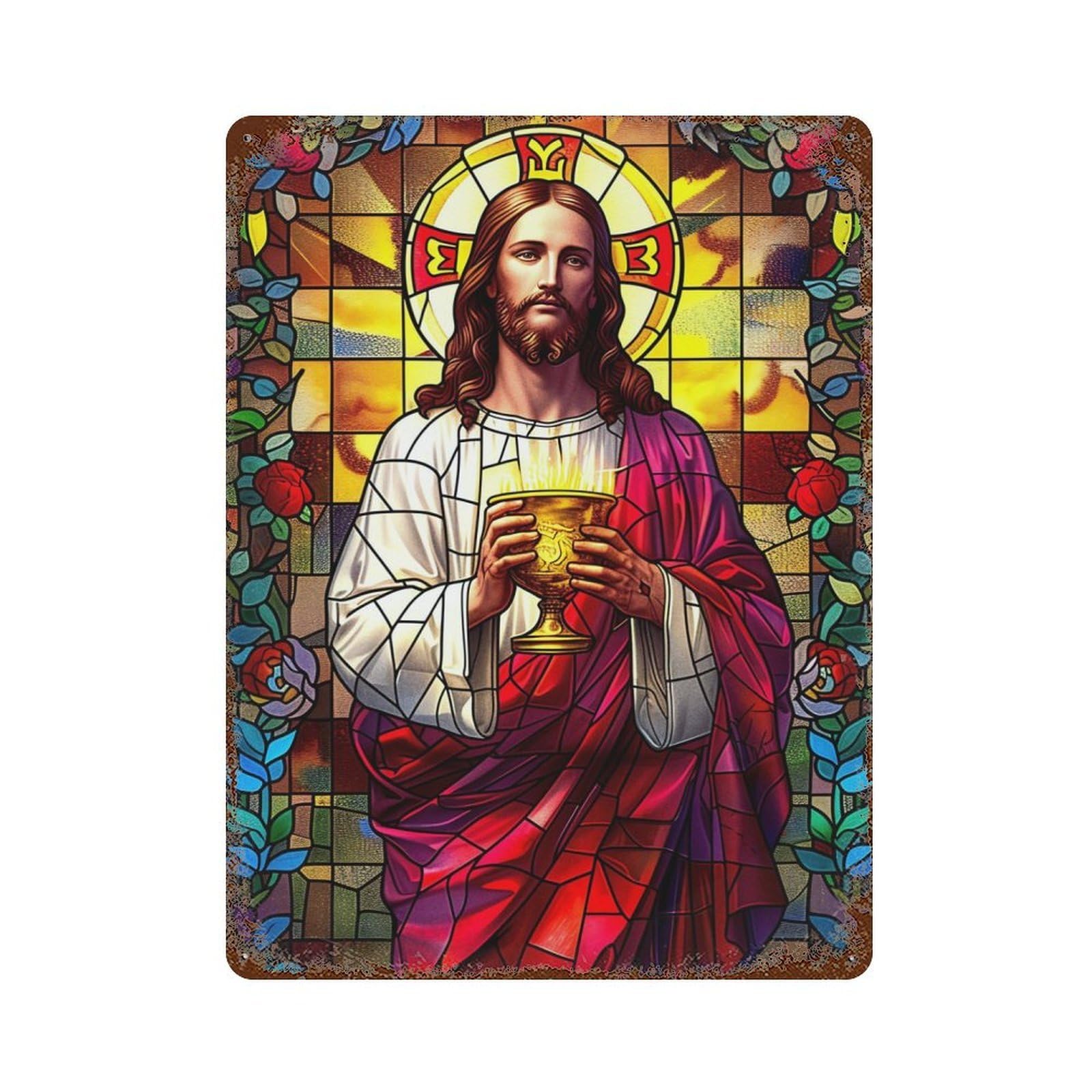 Garage Style Mosaic Jesus 3 Aged Metal Wall Plaque 15.7"x11.8", Farmhouse Wall Decor for Bar And Workshop
