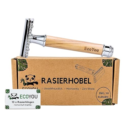 EcoYou Olivenholz Rasierhobel Damen & Herren inkl. 10 Rasierklingen Nachhaltiger