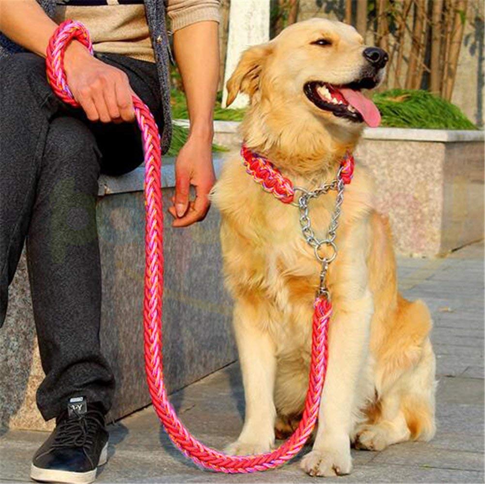 Heavy Duty Dog Leash, Adjustable Dog Martingale Braided Collar, Loop Slip Strong Metal Pull Clip Anti-Twist Pet Walking Training Lead, Solid Hand Crafted Rope for Medium Large Breeds (M, Red Pink)