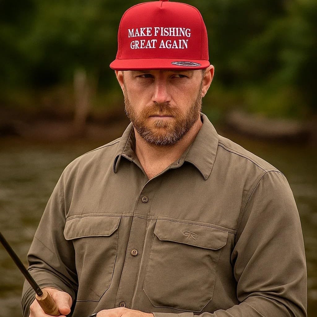 Make Fishing Great Again Red Snapback Trucker Hat for Men and Women, Mesh Back Adjustable Baseball Cap, Structured 5-Panel Flat Bill Outdoor Hat for Beach, Travel, and Daily Wear
