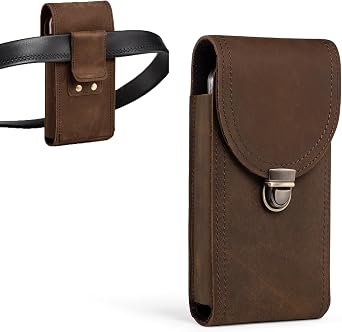 Genuine Leather Vertical Cell Phone Holster fits for iPhone 17 16e 16 15 14 13 12 11 Pro Samsung Galaxy S25 S24 S23 S22 S21 S20 Belt Case with Belt Clip Phone Pouch Belt Holder Retro Brown