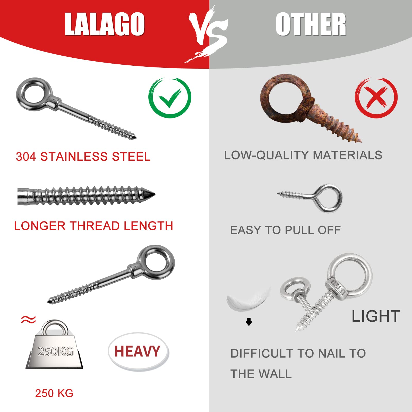 LALAGO 12 PC. Bullone a occhiello, Golfari M8 x 80 mm in acciaio inox 304, Ganci a vite Golfari M8, Bulloni di Vite
