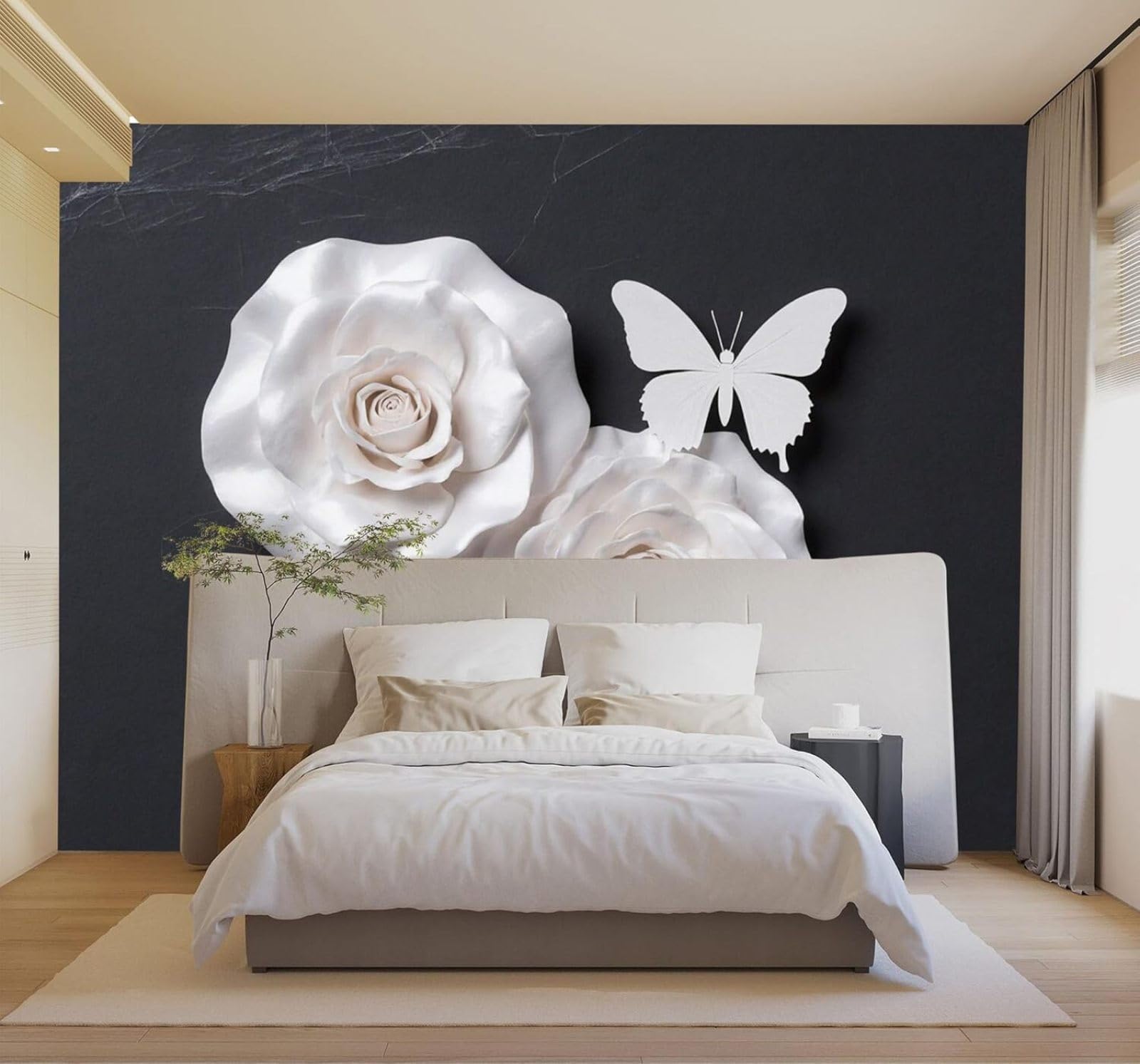 3D Papel Pintado Rosa Blanca Mariposa Fondo Negro Flores Elegantes Arte