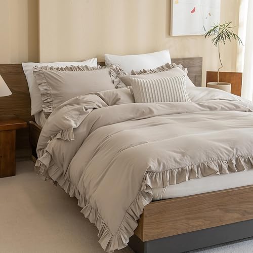 Miniatura 7 de QSH Juego de funda de edredón 100 % algodón, tamaño Queen, con volantes, de lino, texturizado, estilo rústico, estilo vintage, elegante, 3 piezas,
