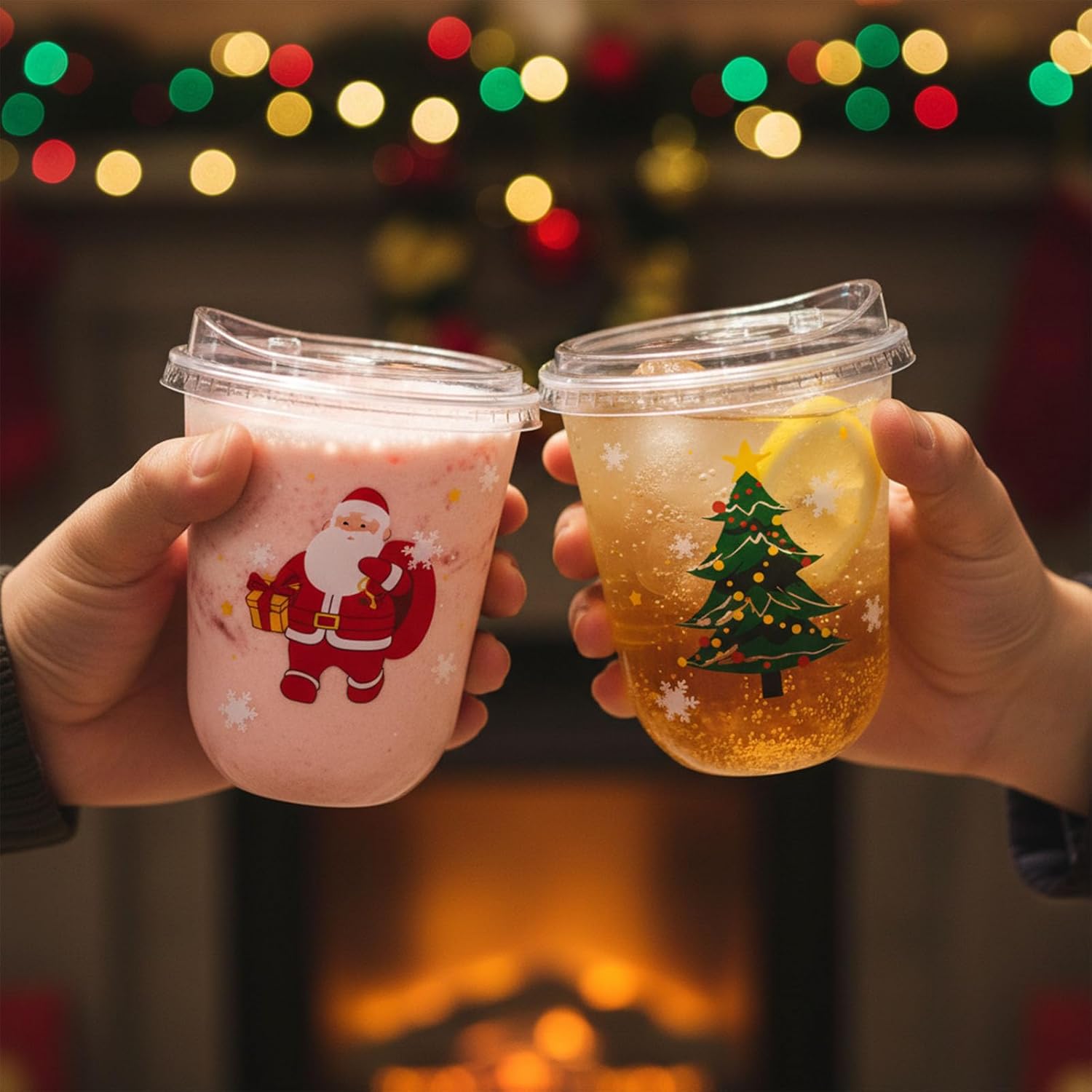 12oz Christmas Disposable Plastic Cups with Strawless Sip Lids-Xmas Tree Santa Reindeer Snow Cold Drinks, Coffee, Beer, Drinks, Ice Cream, Drinking Cups for Party Supplies. (50) - Image 3