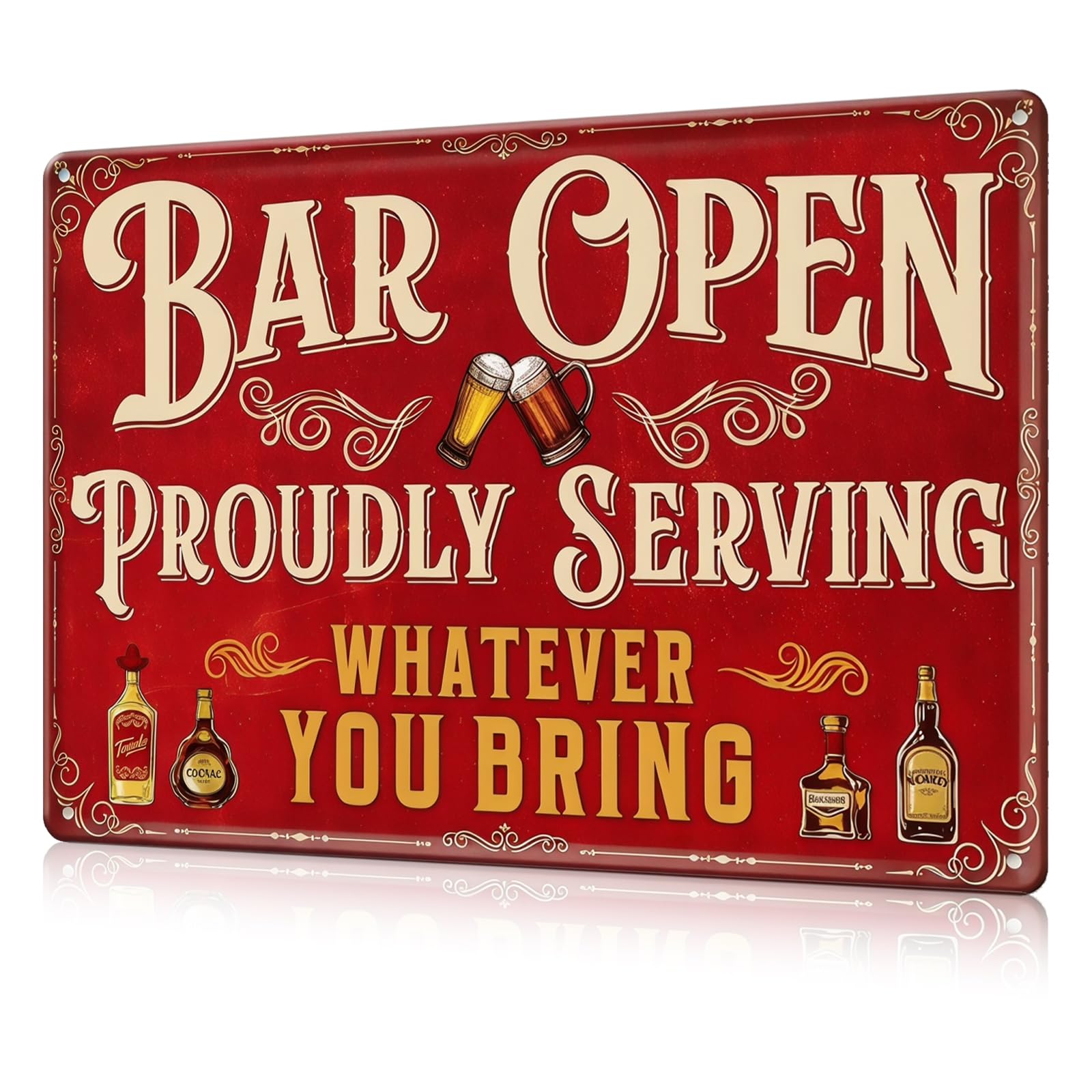 “Bar Open” Vintage Metal Sign—Proudly Serving Whatever You Bring. A fun bar accessory perfect for home bars, man caves, and outdoor garden decor. Iron sign, 8x12 inches.