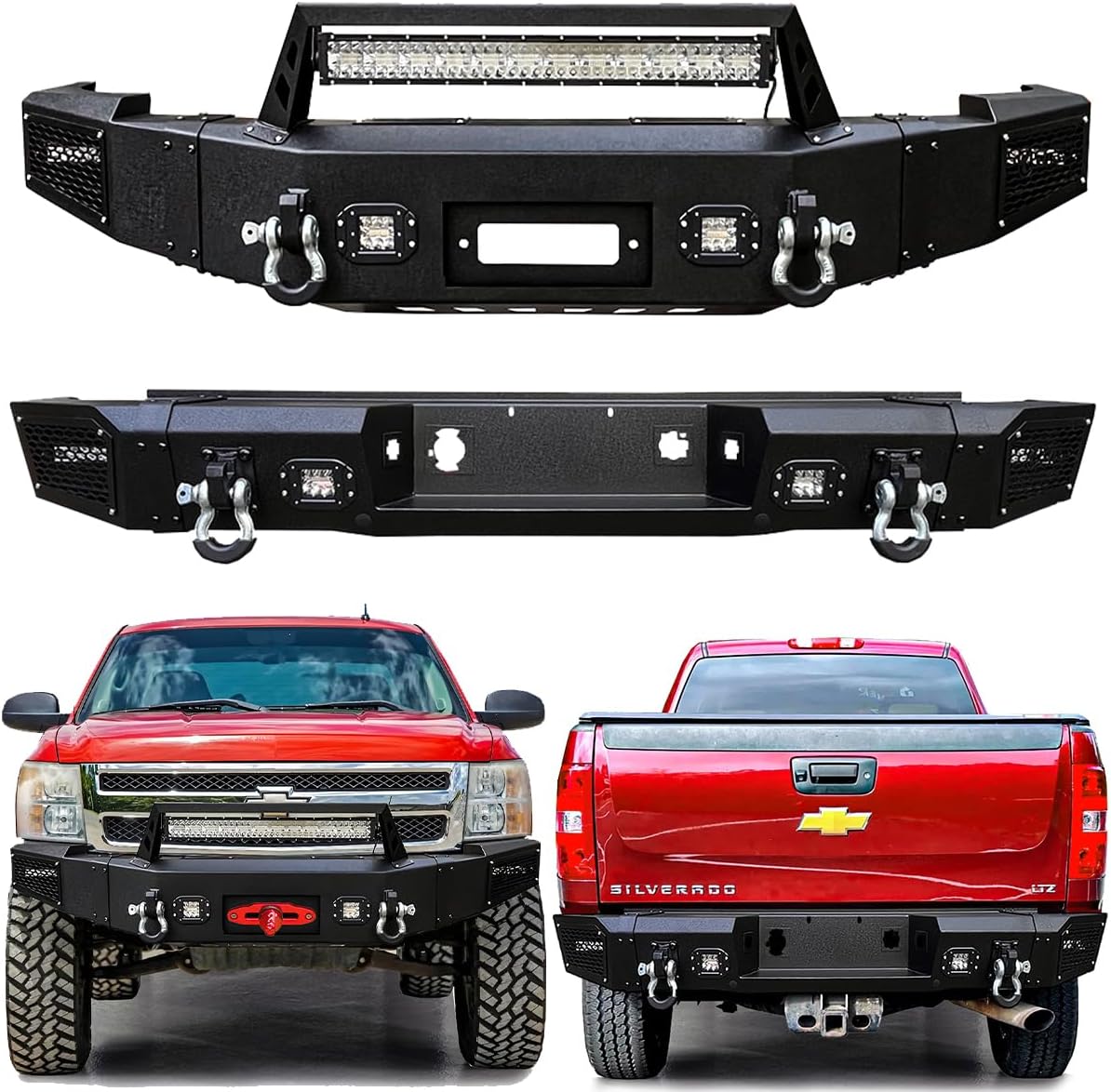 Ronghui Compatible with 2007-2013 2nd Gen Chevy Silverado 1500 Front and Rear Bumper with Winch Plate and LED SpotLights and D-Rings