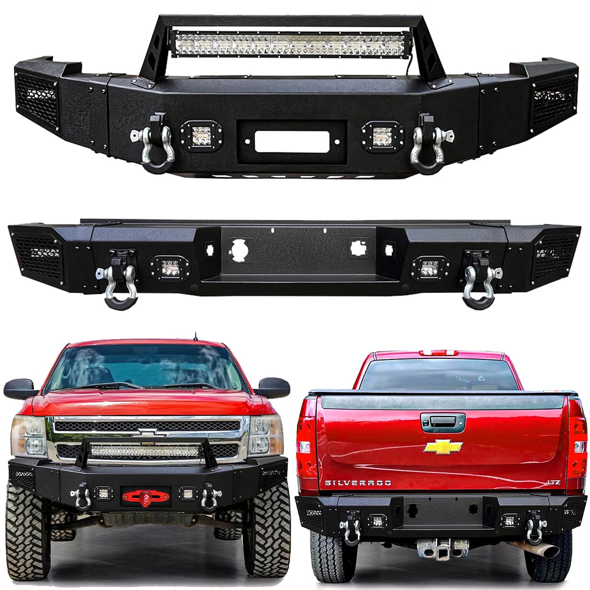 Ronghui Compatible with 2007-2013 2nd Gen Chevy Silverado 1500 Front and Rear Bumper with Winch Plate and LED SpotLights and D-Rings