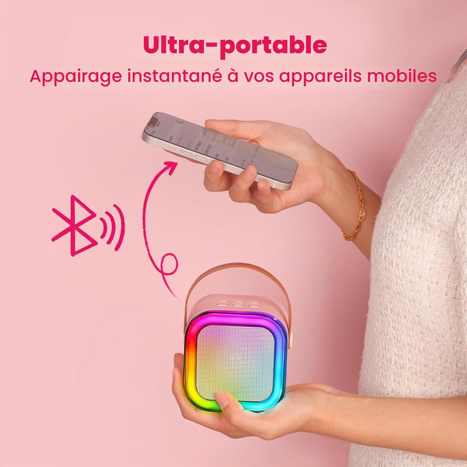 Micro Karaoke Enfant IROO Karaoke Enfant avec 2 Microphones, Microphone pour Filles Cadeaux pour Enfants Enceinte Bluetooth Portable avec Effets de Changeur de Voix et Lumières LED (Rose)