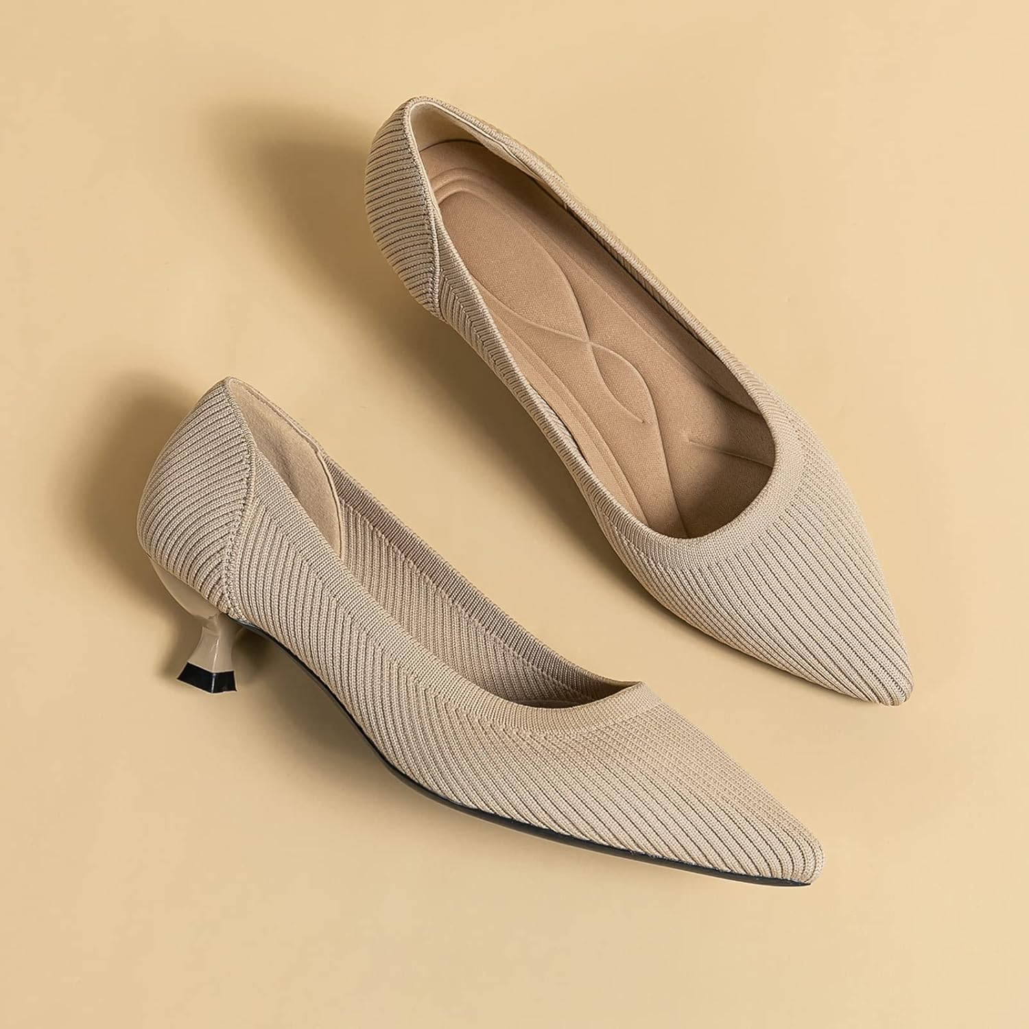 youngshow Women's Pumps Kitten Heels Pointed Toe Knit Slip On Comfortable Casual Formal Dress Shoes - Image 4