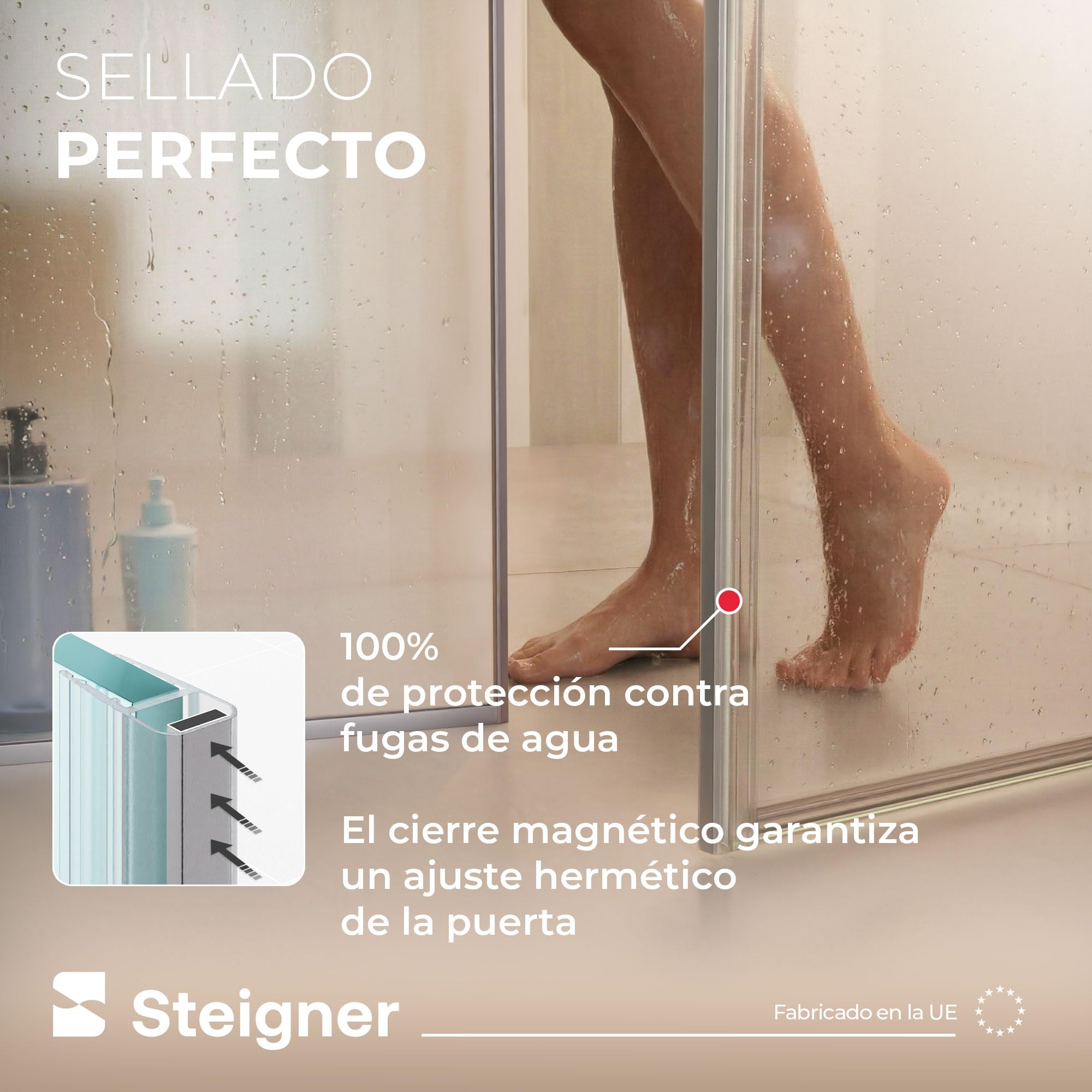 STEIGNER Juntas mamparas duchas imantadas UKM02 153 cm (2 ud.) - Juntas magnéticas 180° para ducha angular, pentagonal, semicircular, empotradas o de cuarto de círculo con puerta 6-8 mm - Impermeable