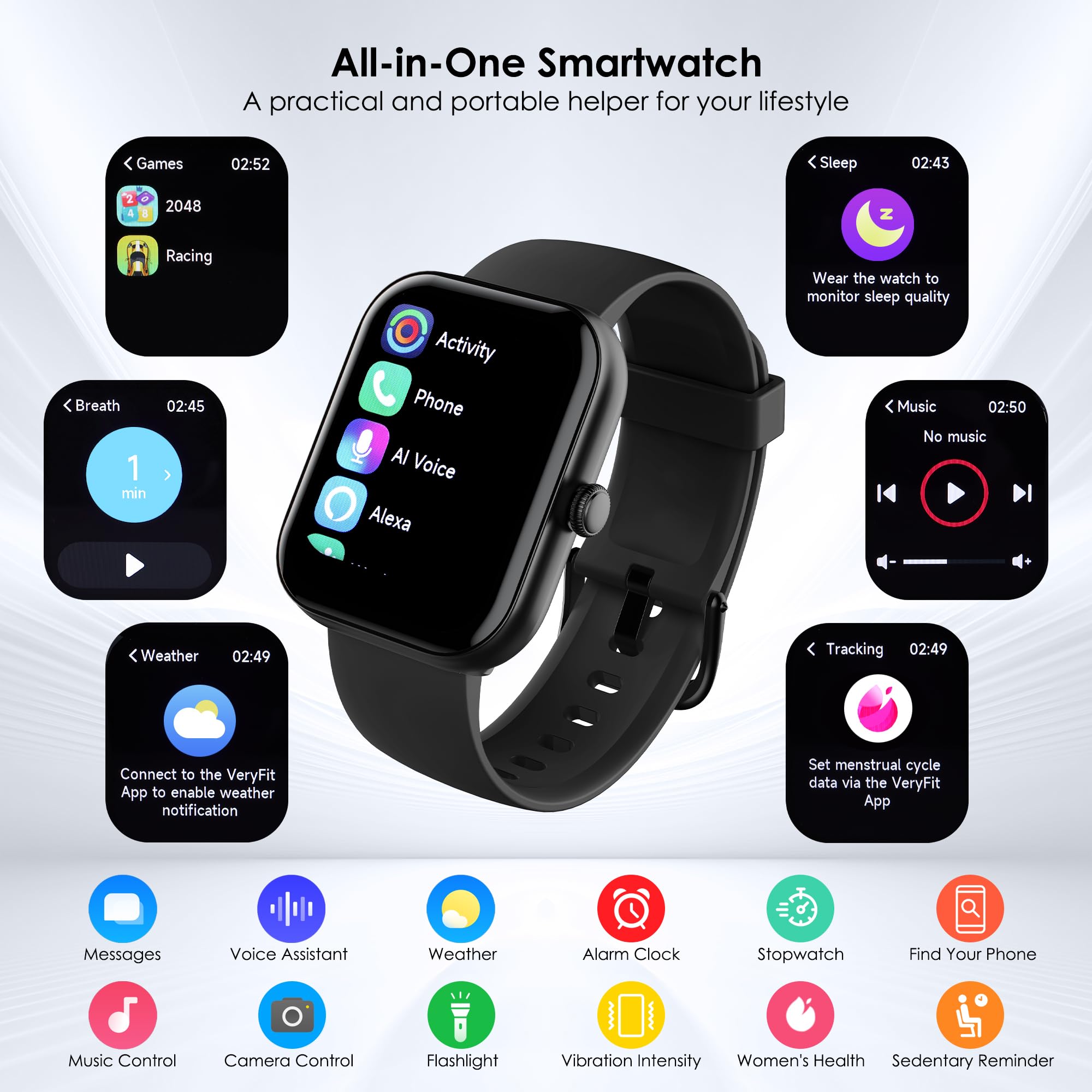 Smart Watch for Men Women, 100+ Sports Modes, Heart Rate/SpO2/Sleep Monitor, 1.91" Touch Screen, Bluetooth Calls, IP68 Waterproof Fitness Tracker, Alexa Built-in, iOS Android Compatible (Black)