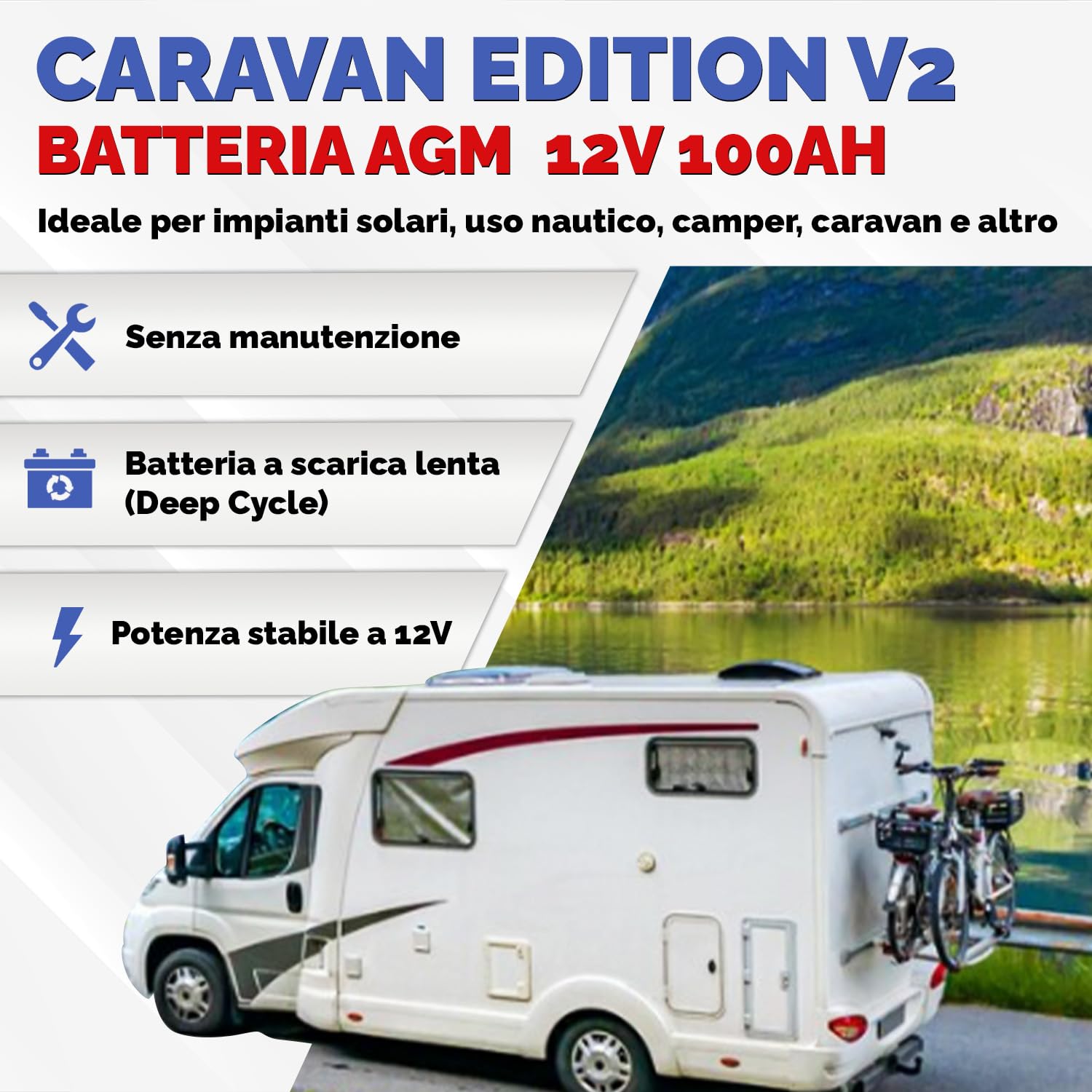 Batteria AGM Caravan 12V 100Ah deep cycle sigillata 278x175x190mm