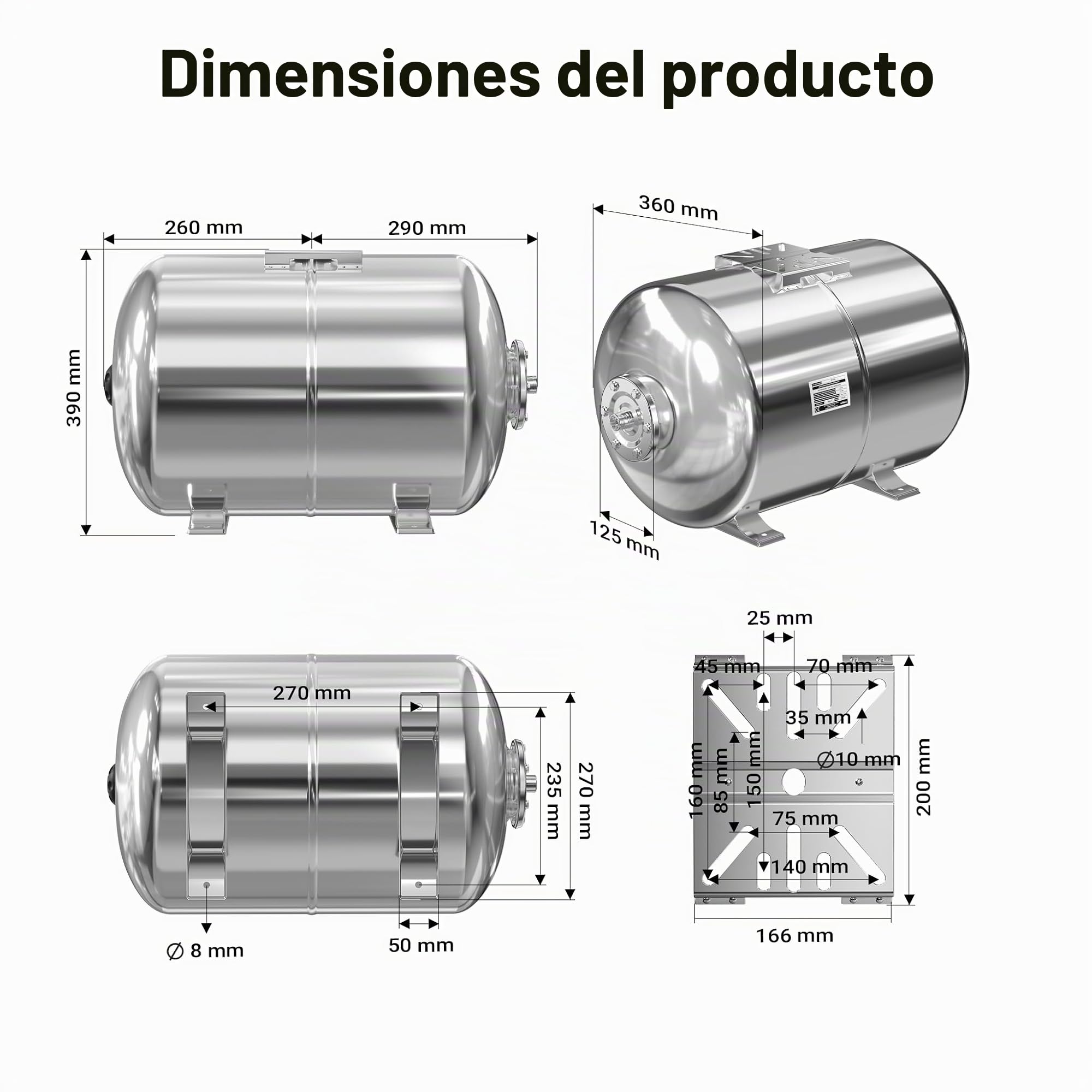 Vaso de expansión acero inoxidable 50L, depósito de presión, calderín para grupo de presión doméstic