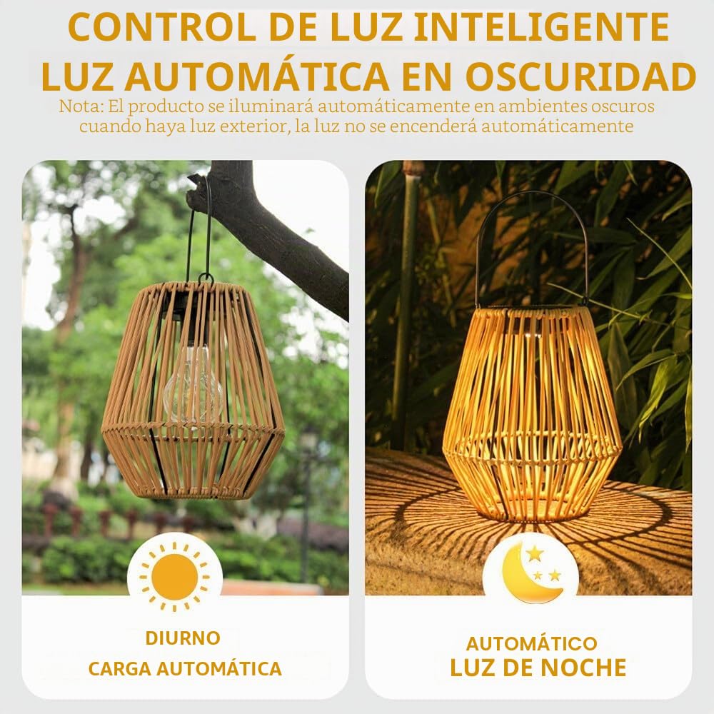 Farolillos Solares Exterior, 2 Piezas Lamparas Solares Exterior, Luz Solar de Ratán, Farolillo Solar Exterior para Jardín, Terraza, Balcón