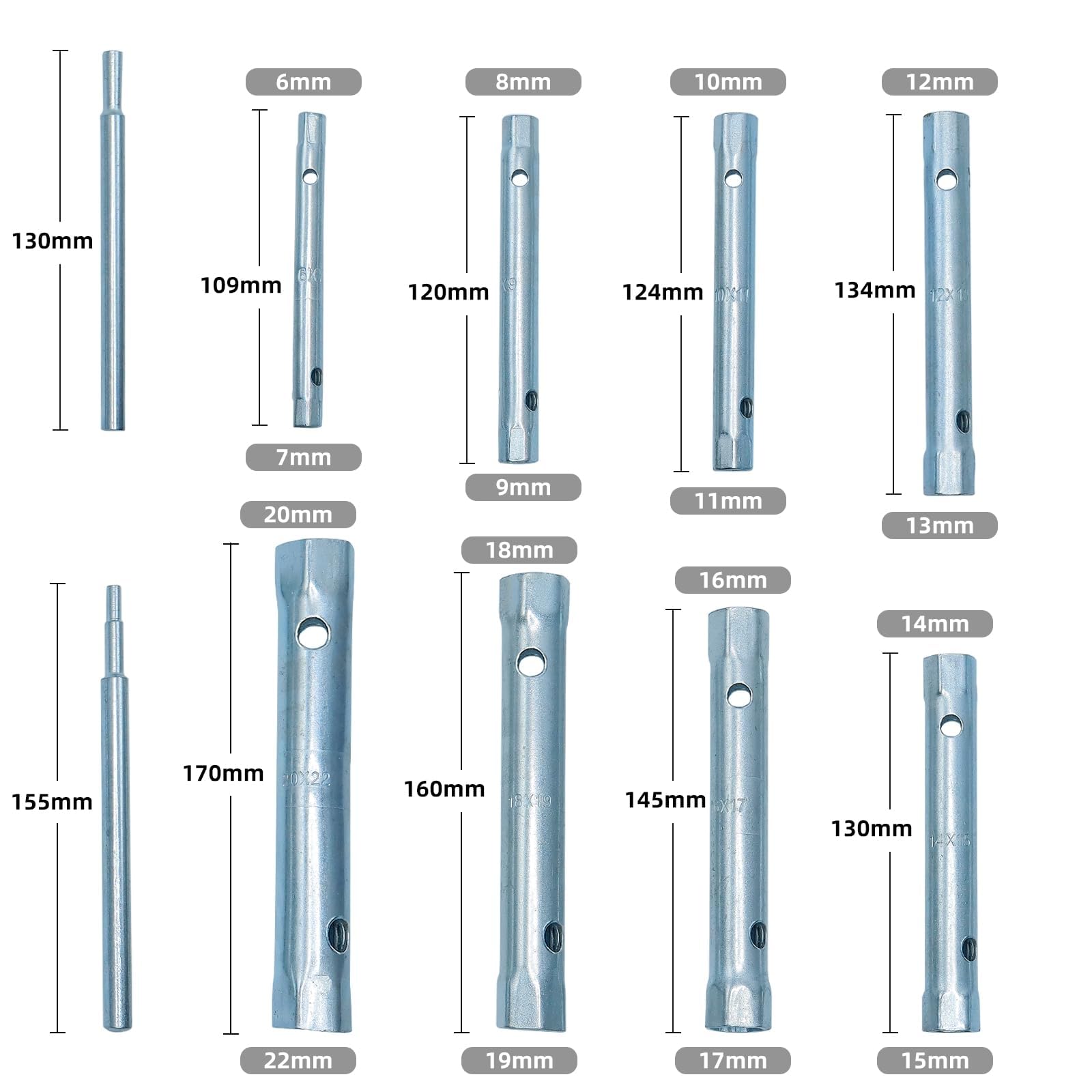 CCLIFE Juego de llaves tubulares 10 Piezas,Llave de Tubo Huecas con Varilla Giratoria para Grifo, Las Bujías 6 x 7-20 x 22 mm