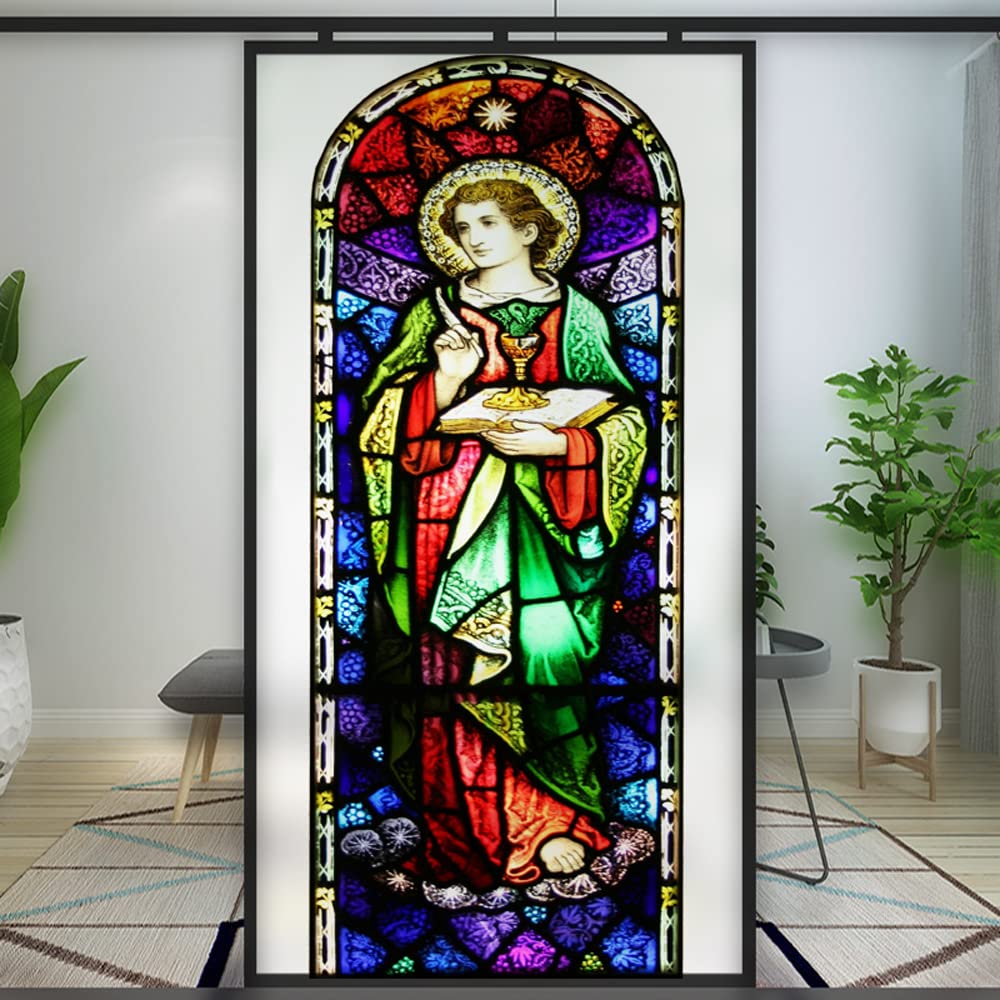 Church Style Stained Glass Window Privacy Film Static Cling Window Treatments Window Coverings Glass Sticker Decorative Film for Siding Glass Door Home Decor 19.7
