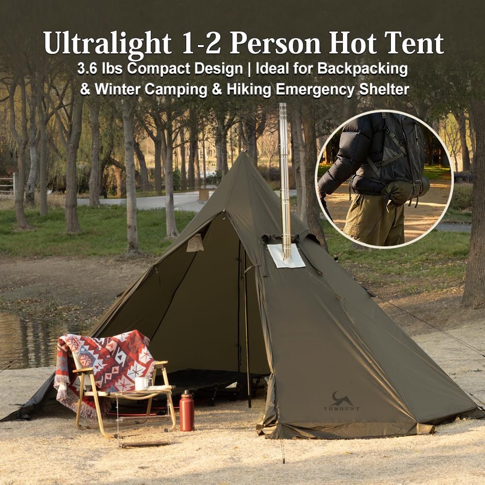 MC TOMOUNT 3.6lb Ultralight Hot Tent with Stove Jack, 4 Season 1-2 Person Tipi Backpacking Tent for Camping, 20D Ripstop Nylon, Windproof Waterproof Winter Teepee Tents for Hiking Survival Hunting