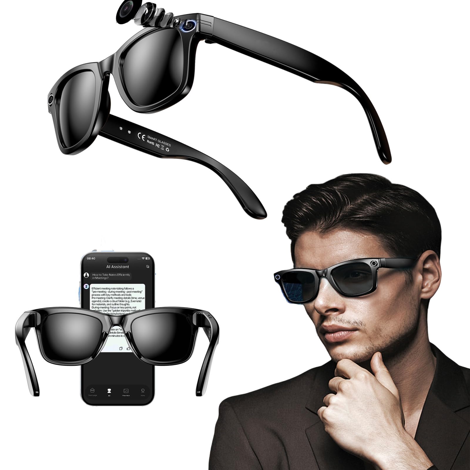 AI Inteligentne okulary do aparatu HD, 8 MP, nagrywanie wideo i robienie zdjęć, tłumaczenie, rozmowa z asystentką, czysty dźwięk, zdalna fotografia, ochrona przed promieniowaniem UV, okulary do jazdy