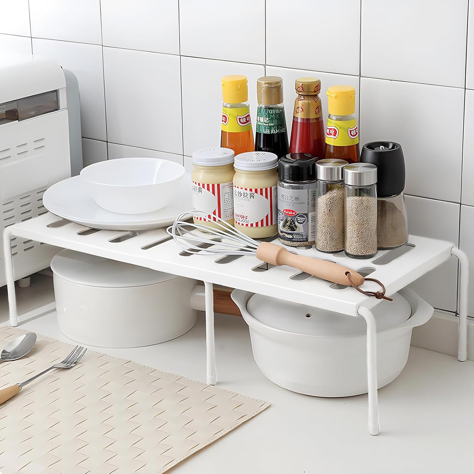 MostNowExpandable Kitchen Counter Storage Rack Organizer, Cabinet Shelf for Kitchen, Bathroom, Cupboard, Pantry - Adjustable Countertop Shelves (White)