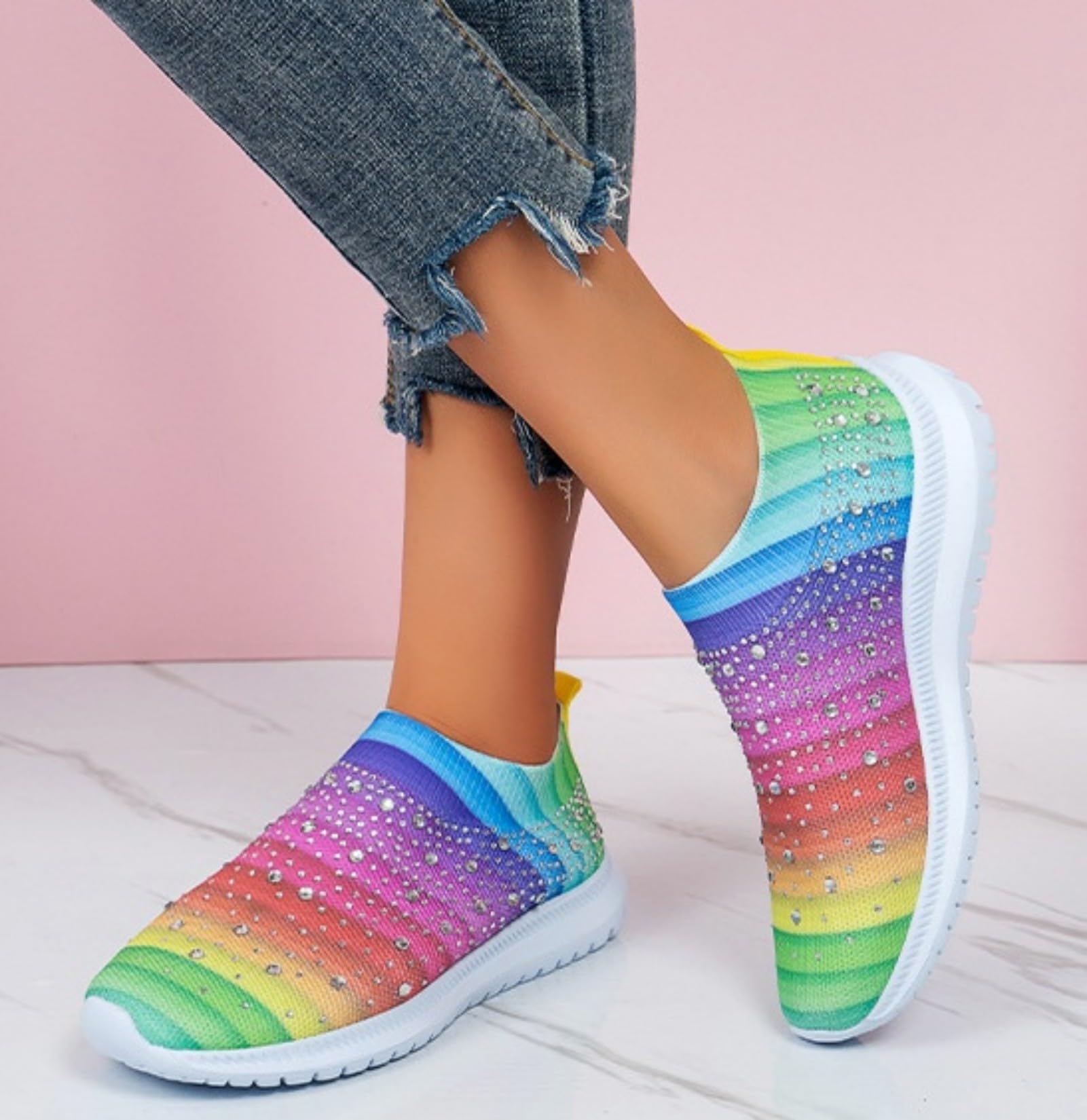 Scarpe da ginnastica da donna con strass, leggere, traspiranti, per danza e camminata