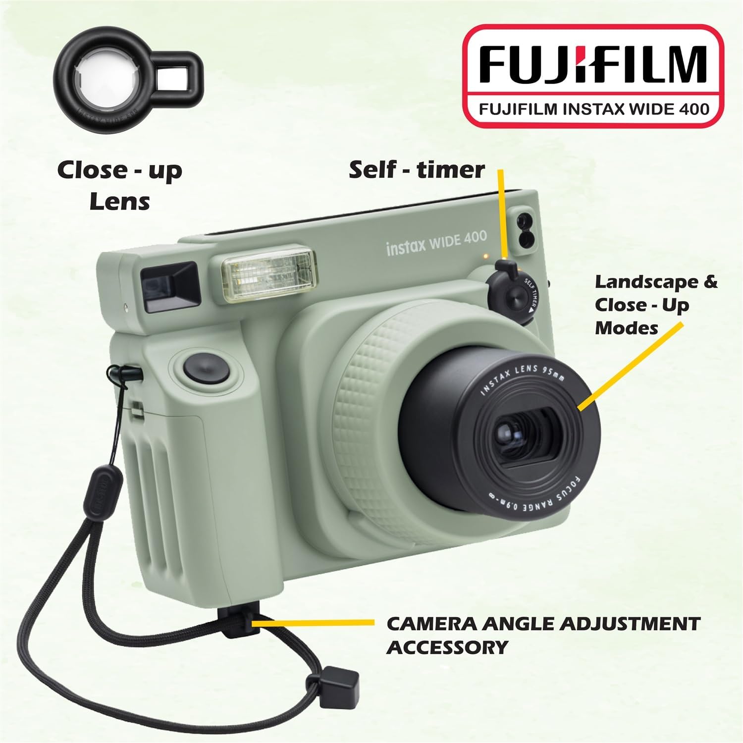Fujifilm Instax Wide 400 Instant Film Camera (Sage Green) Bundle with Instax Wide Instant Film (20 Sheets), with Accessories Including Leather Camera Case
