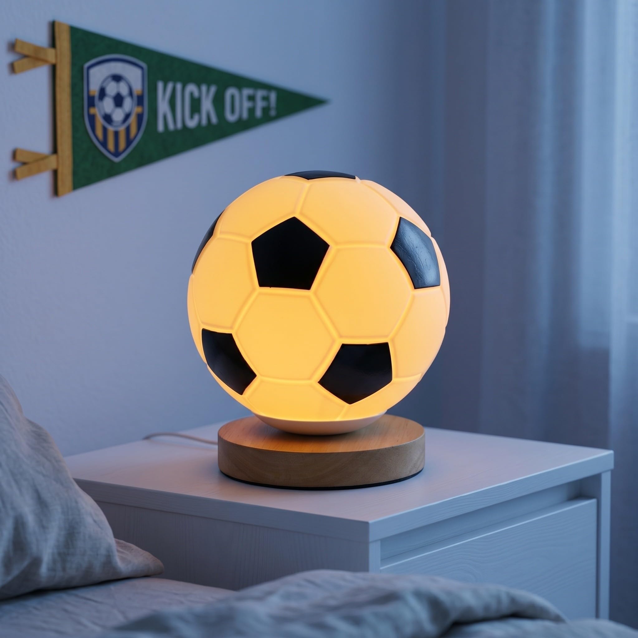 Mobestech Lámpara de Mesa con Diseño de Pelota de Fútbol para Dormitorio y Oficina con Base de Madera Resistente y Luz LED Suave