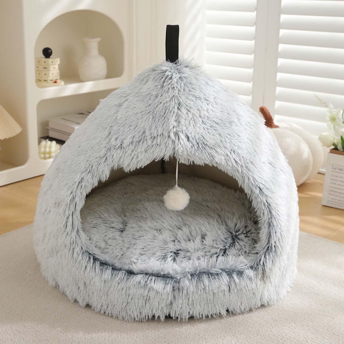 Cat Bed Igloo Cave for Cats Dogs, 2-in-1 Triangle Indoor Pet Tent Fluffy Plush Calming Dog Bed, Cat Nest House with Handle Washable Removable Pillow Cushion (XL:63x63x50cm,Light gray)