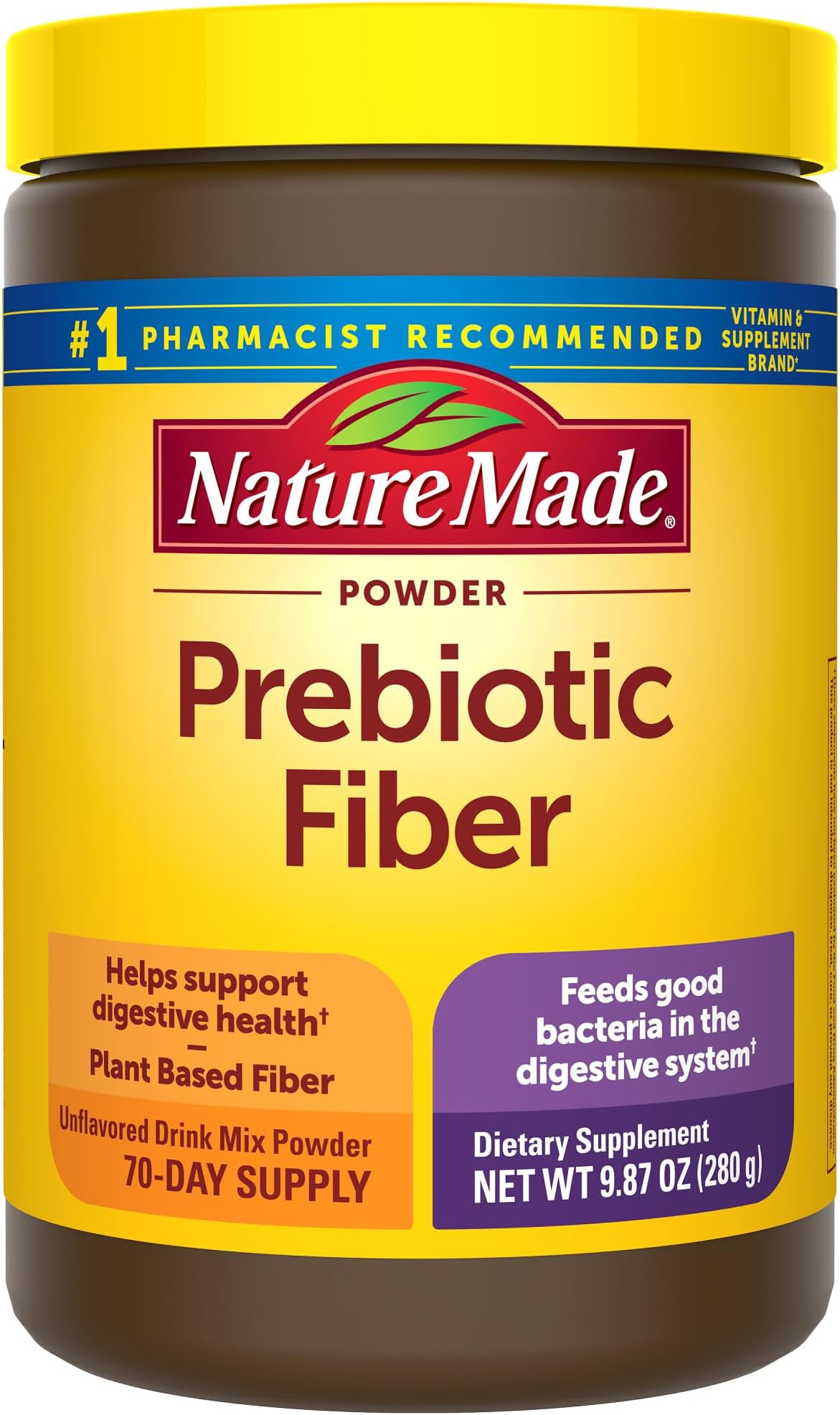 Nature Made Prebiotic Fiber Powder Supplement, Taste-Free & Sugar-Free Plant Based Vegetarian Prebiotic Fiber Drink Mix for Digestive Support, 9.87 oz, 70 Day Supply