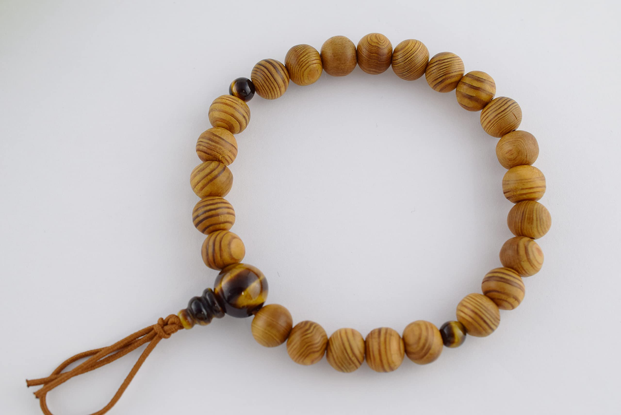京都あさひ屋 Armband aus japanischem Zedernholz, Yakusugi-Holz und Tigerauge, 8 mm, Juzu Dhyana, Zen, Kyoto, Gebetsperlen, handgefertigt, für Männer und Frauen, Geschenke, elastische Mala-Perlen
