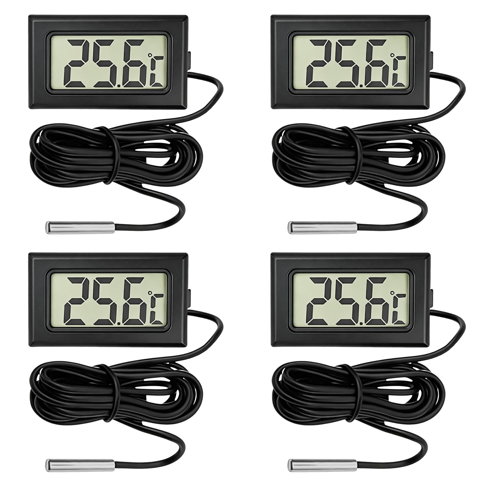 4 Pack Digital Thermometer with External Probe, Fish Tank Thermometer with LCD Display, Black Aquarium Thermometer Monitor with 4 Replacement Batteries for Freezer, Kitchen, Aquarium (-50°C to 110°C)