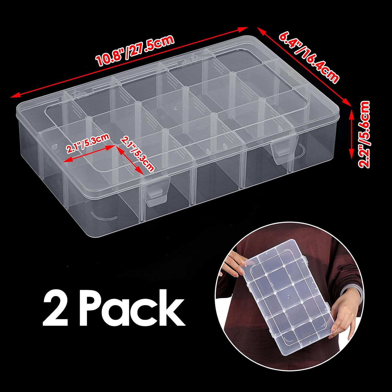 BTSKY 2 PCS Plastic Washi Tape Organizer, Adjustable 15-Grid Compartment Washi Tape Storage Case, Clear Sticker Storage Box for Scrapbook Organizers and Storage, Universal Jewelry Box Bead Organizer