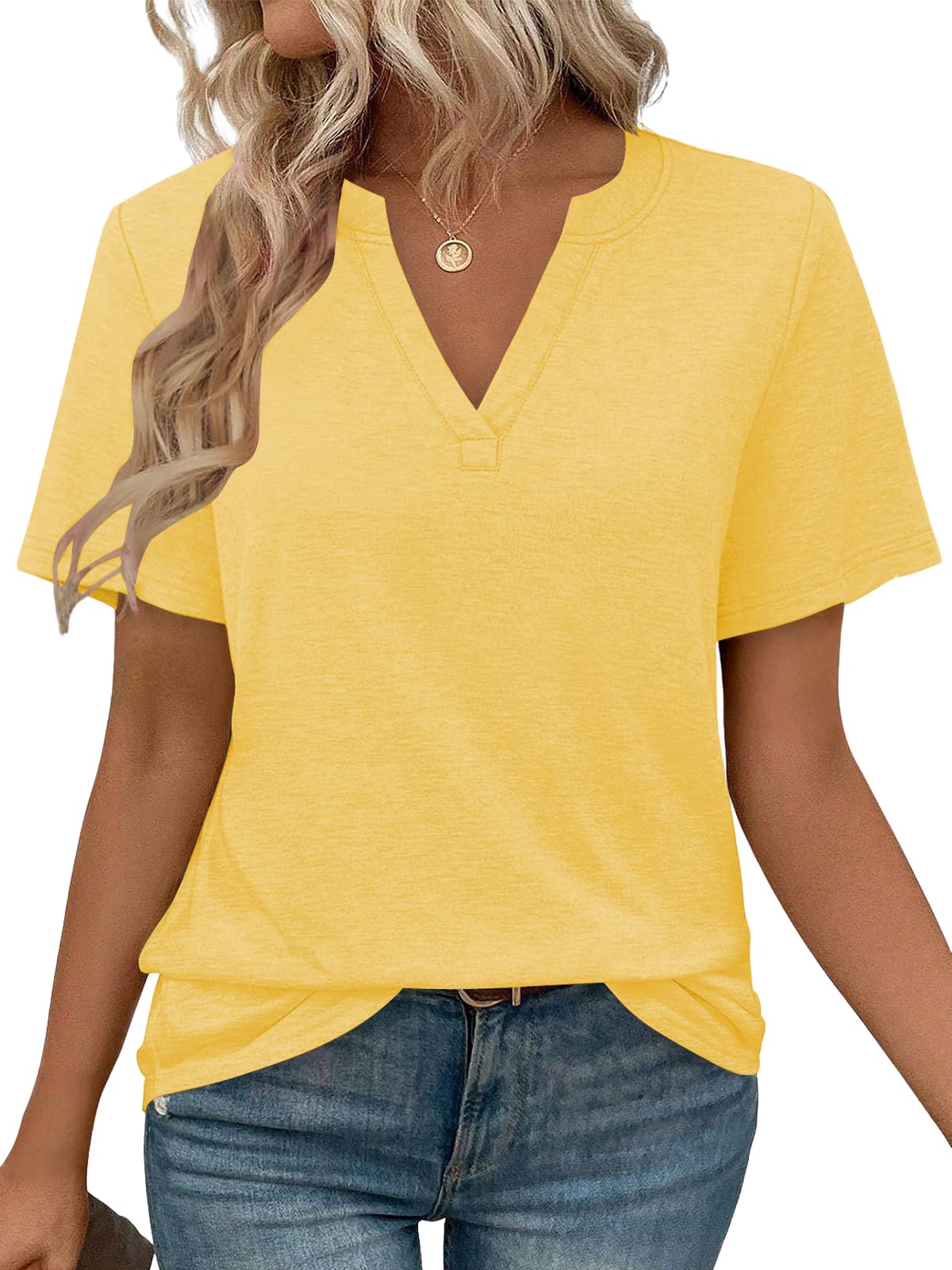 Cuptacc Top Damen Sommer Kurzarm Shirts Mit V-Ausschnit Oberteile Damen Elegant Blusenshirt Locker Baumwoll Tshirt Gelb, XXXL Große Größen